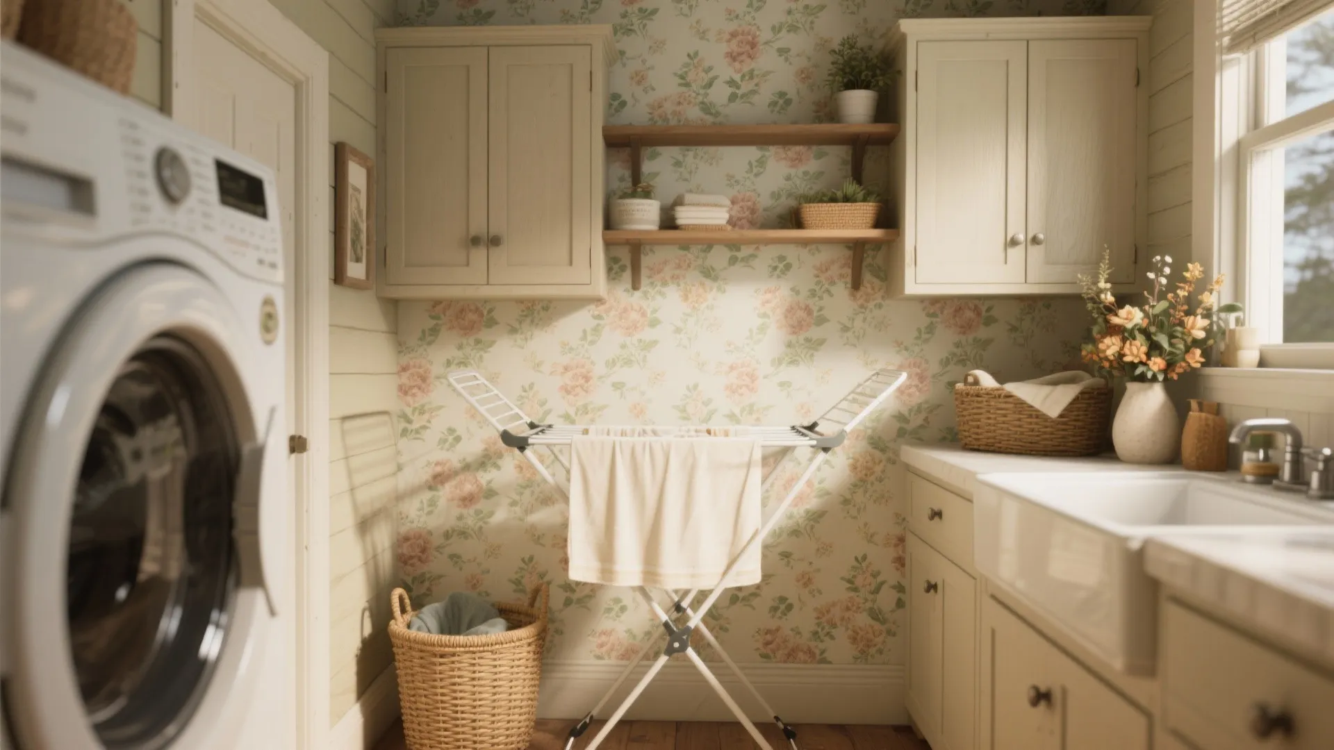 Laundry room with floral wallpaper washing machine and drying rack with cream cabinets and sink