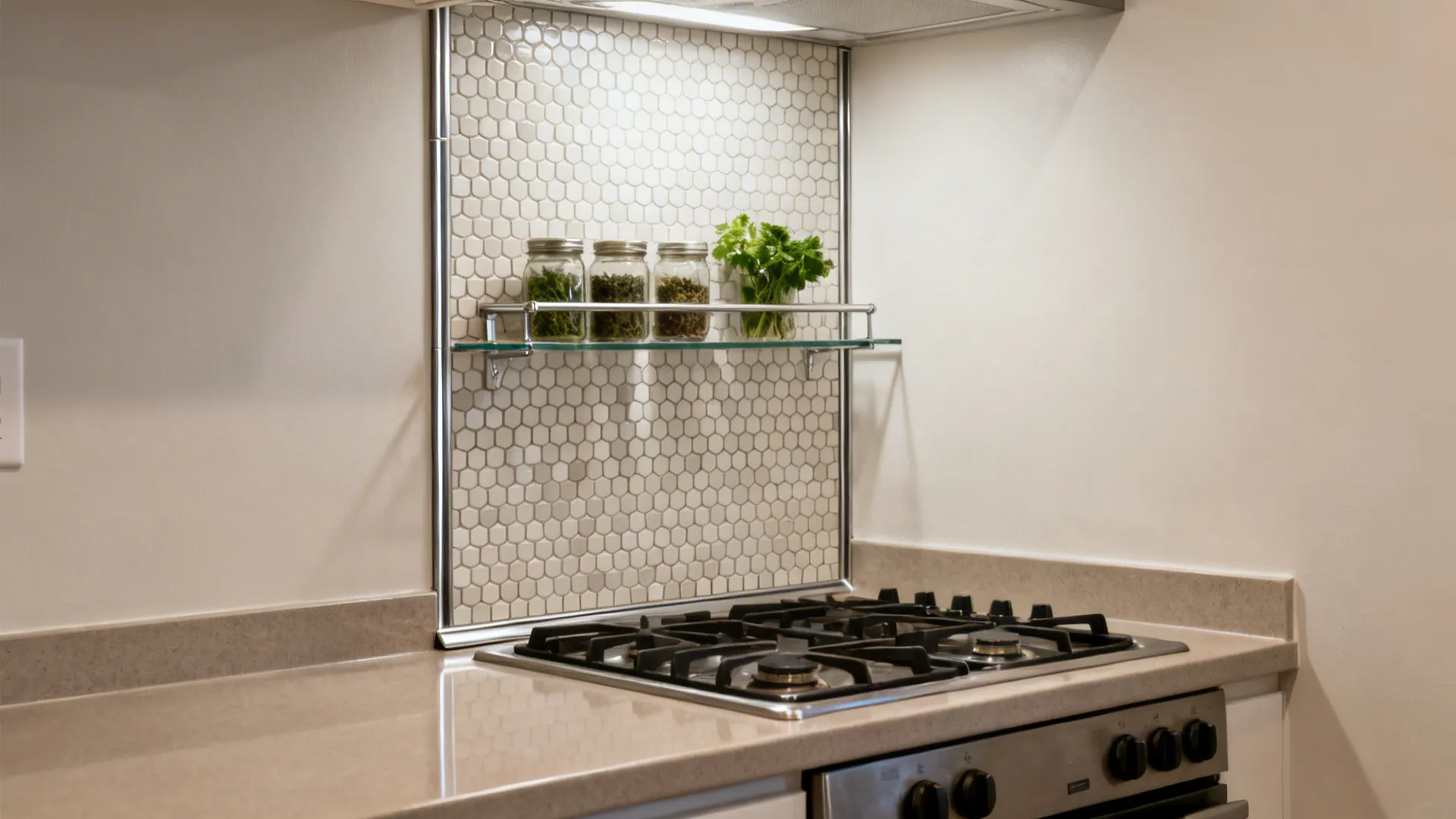 Peel-and-stick hex backsplash with metal trim and a slim glass rail for herbs in a small kitchen.
