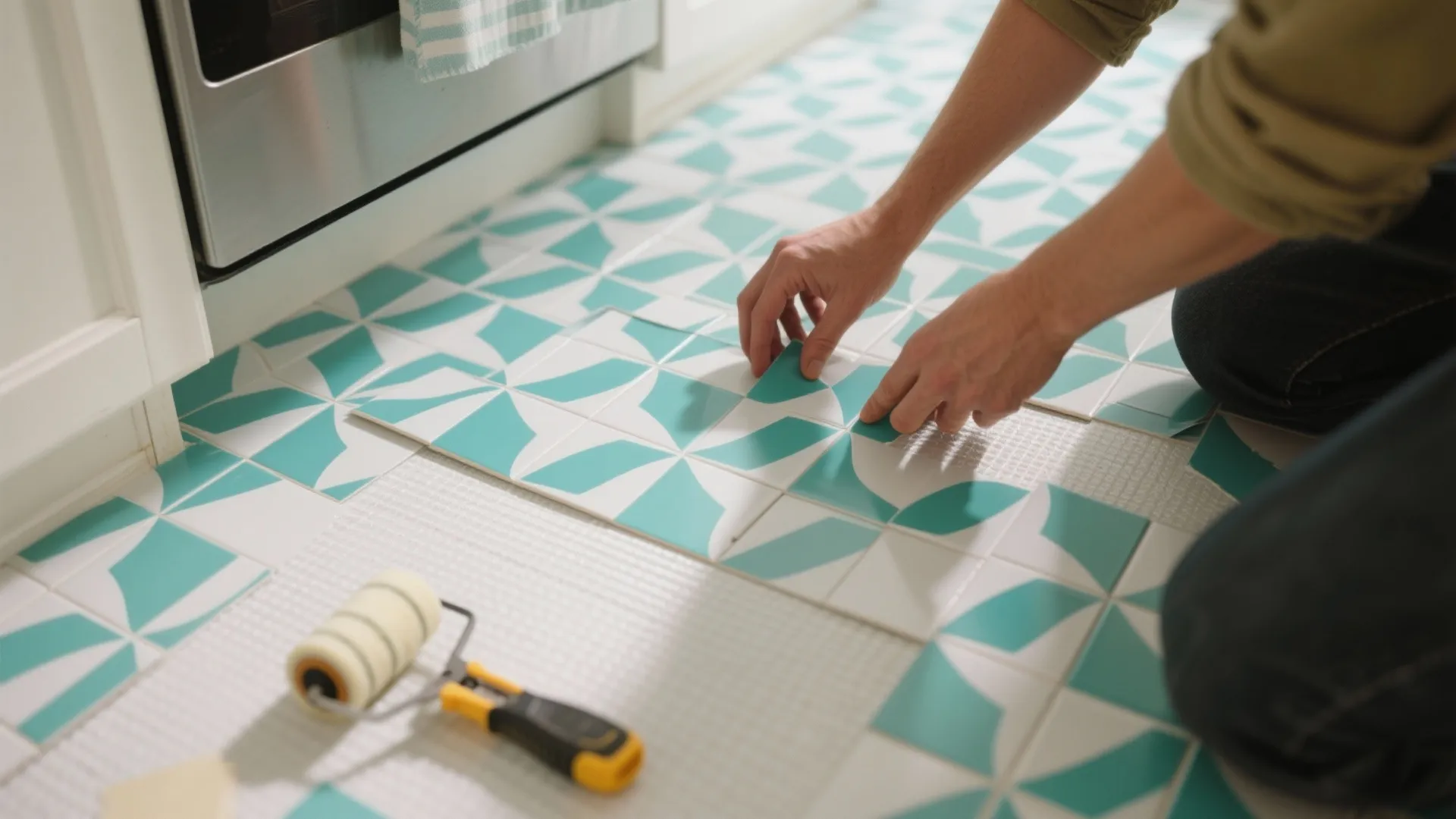 Person installing patterned peel and stick floor tiles in kitchen using small roller for smooth finish