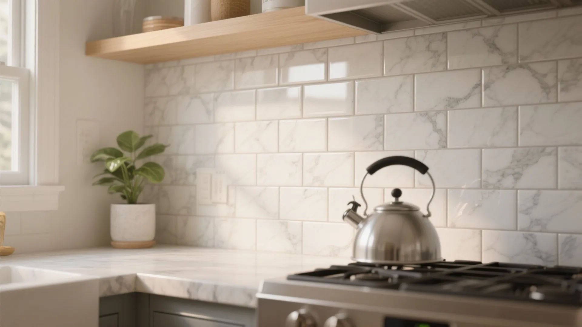 Modern kitchen scene featuring white marble tile backsplash with a silver kettle on the stove