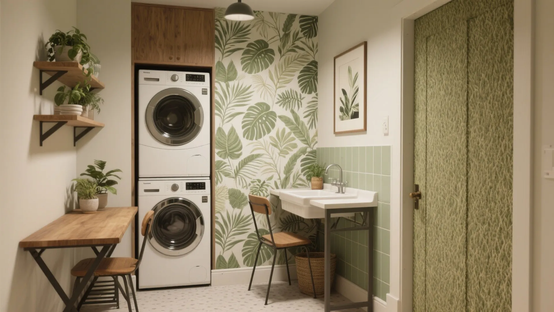 Laundry room with stacked washer and dryer next to tropical leaf wallpaper and white sink