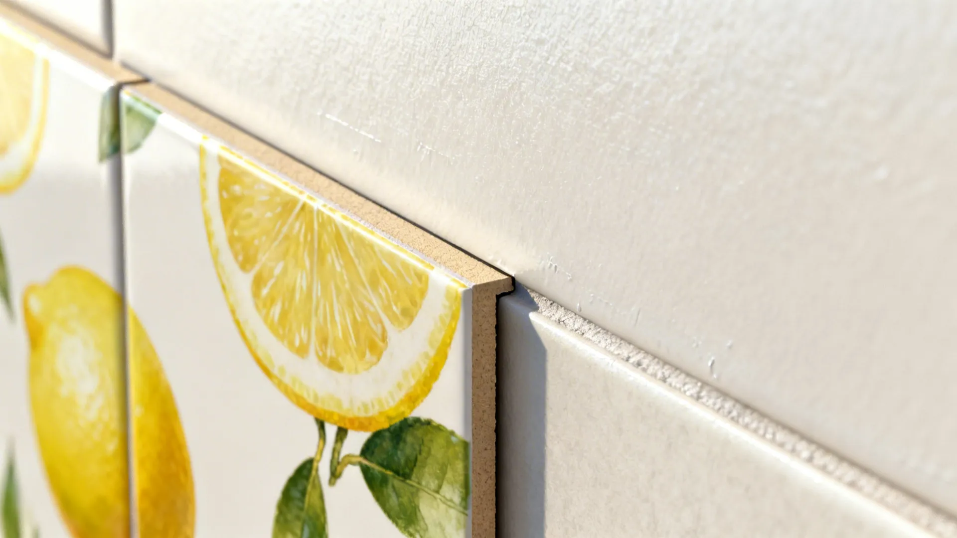 Macro of peel-and-stick lemon tile edge with clean seam on a smooth backsplash.