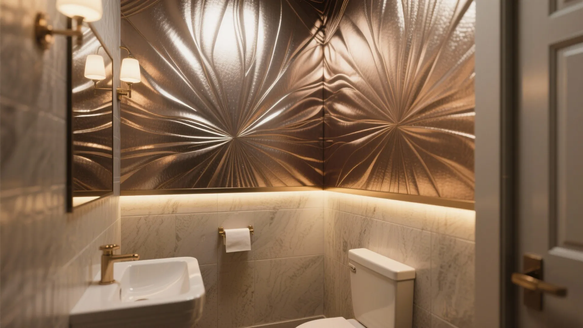 Modern bathroom featuring bronze textured wall panels with two wall lights and a white sink
