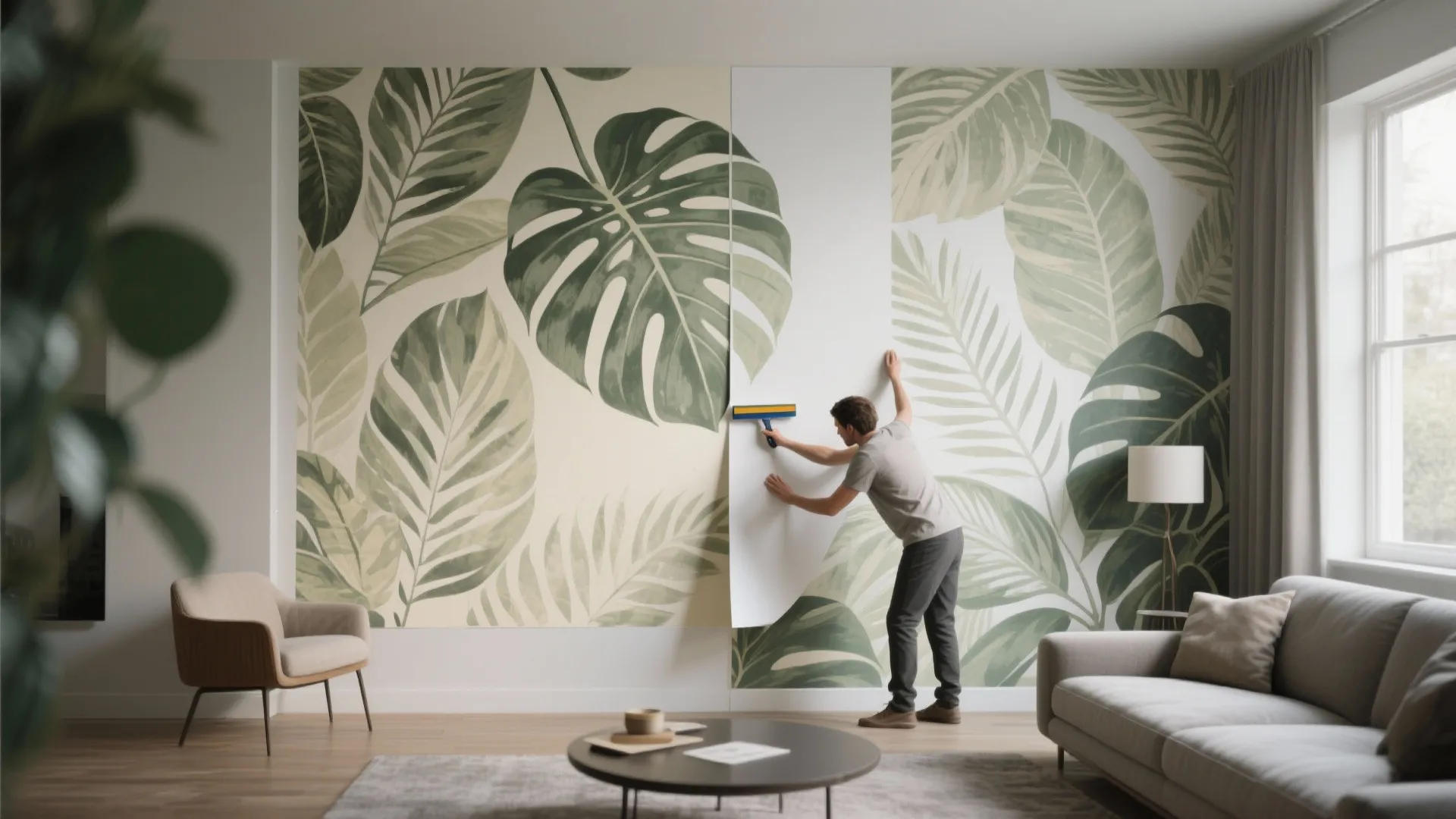 Man applying a large leaf pattern wall sticker in a modern living room with sofa