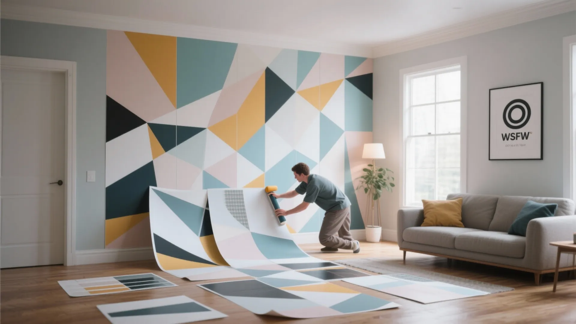 Man applying geometric pattern wall paper in living room with sofa and natural window light