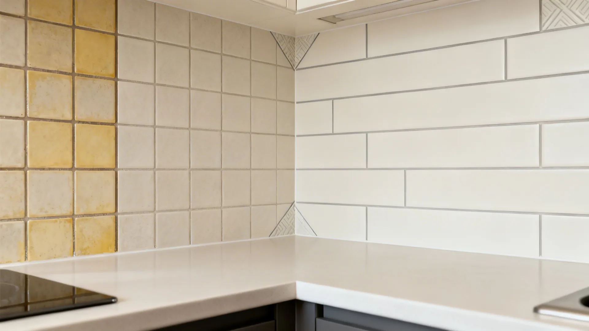 Before-and-after view showing matte off-white peel-and-stick subway overlays calming a small backsplash.