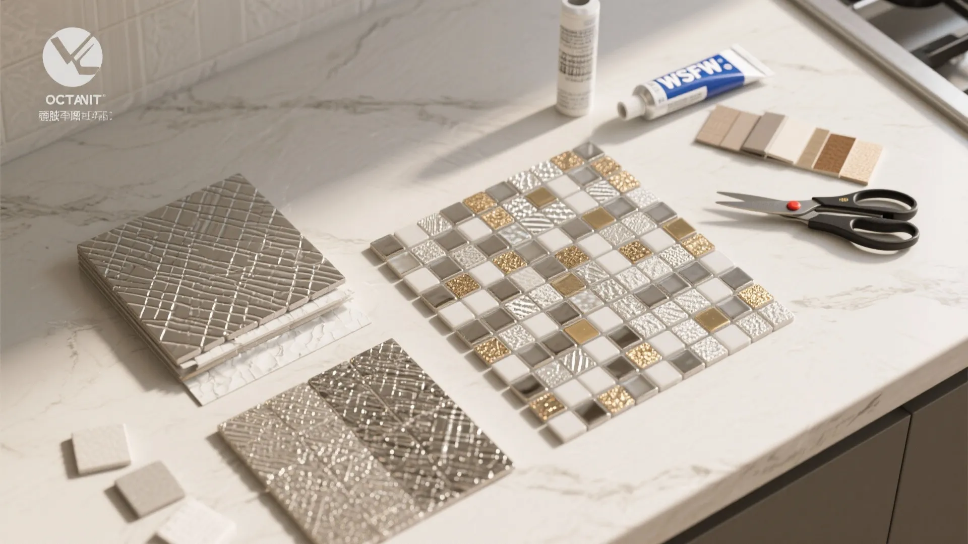 Mosaic wall tiles in gold and white on a marble counter with glue and scissors