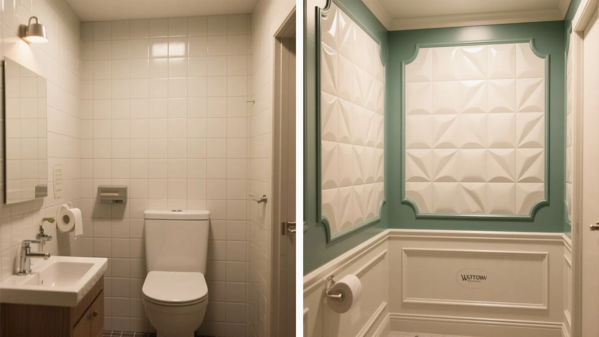 Before and after comparison showing a simple white tiled bathroom versus decorative green wall panels