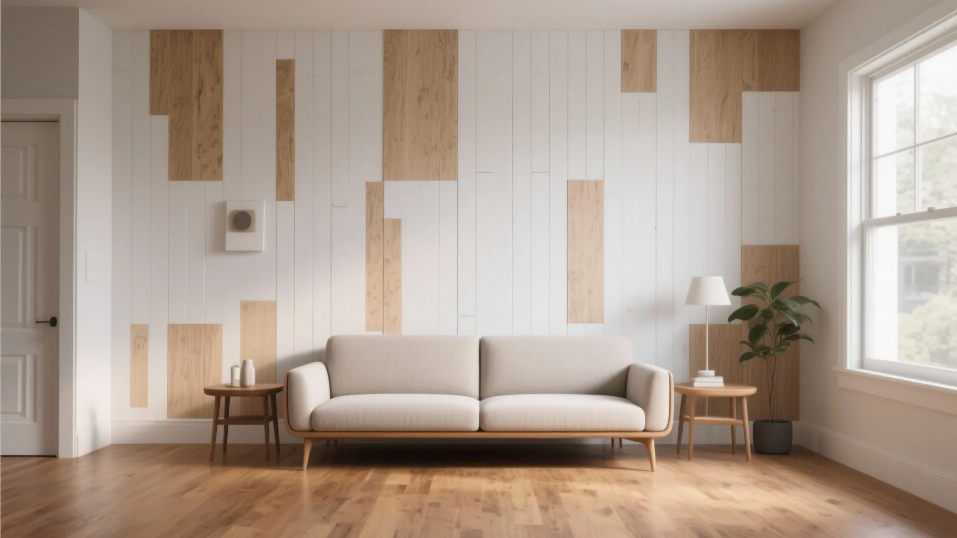 Modern living room with beige sofa and creative white and wood wall panel decoration with window