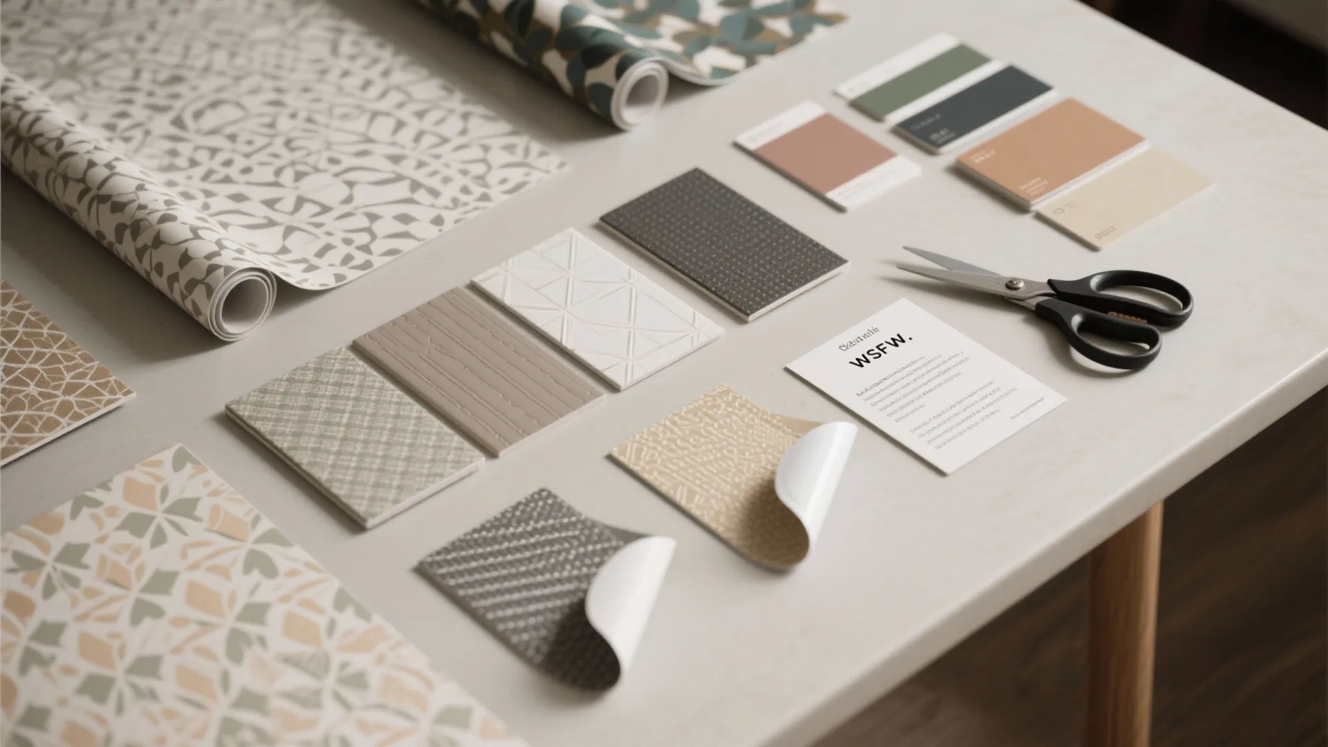 Table with various wallpaper samples, color swatches, peel and stick panels, and black metal scissors