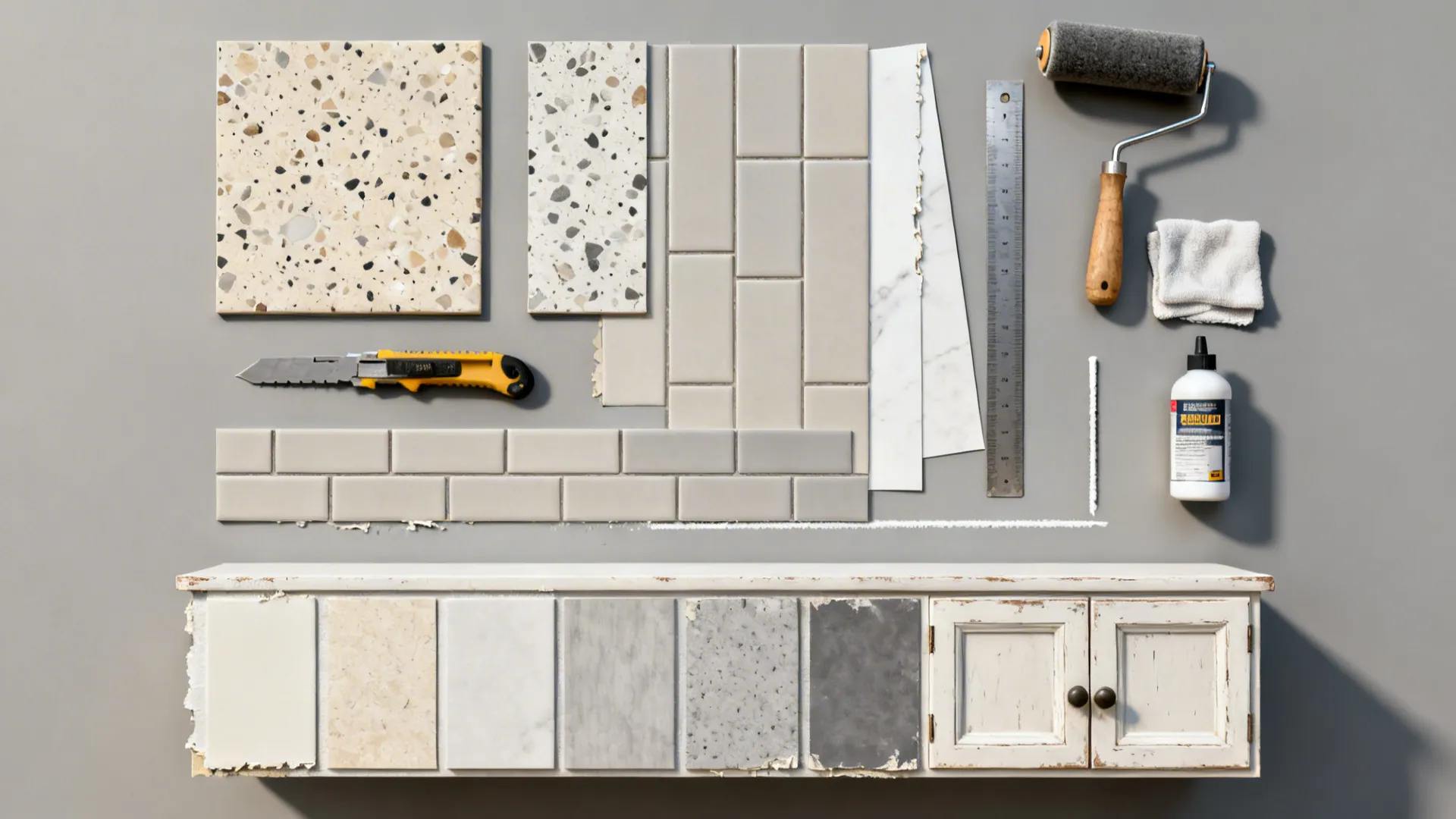 Top-down flatlay of peel-and-stick tiles, tools, and a J-roller for DIY installation.