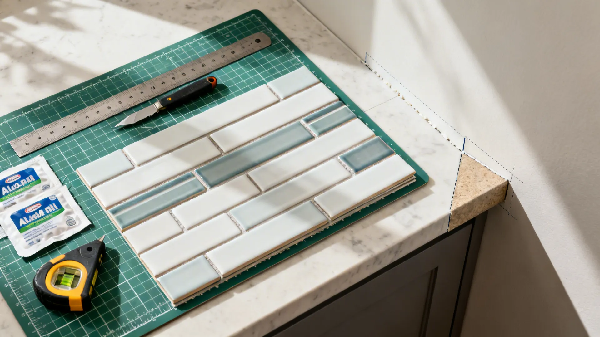 Top-down flat lay of peel-and-stick tile tools with ruler, knife, and tile sheets for a UK kitchen.
