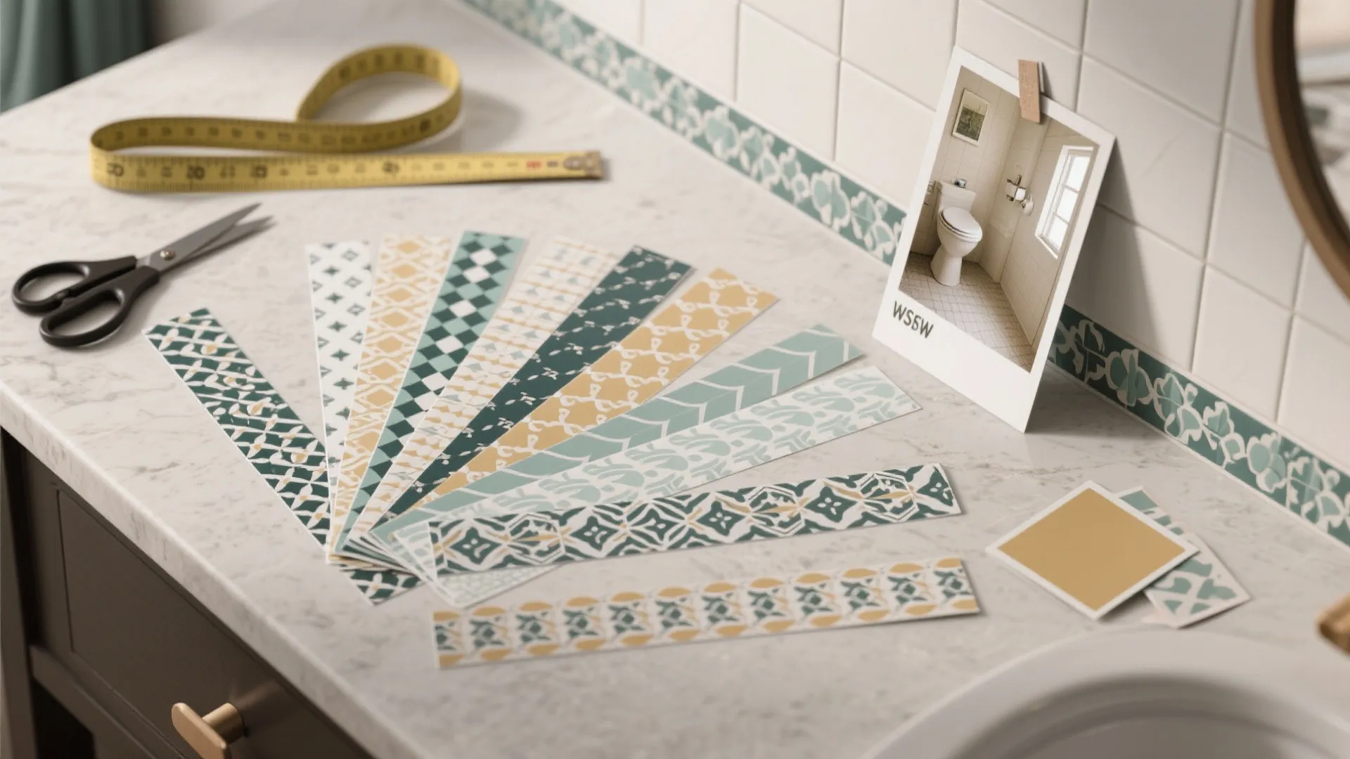 Colorful patterned tile stickers spread on bathroom counter with measuring tape and a photo reference