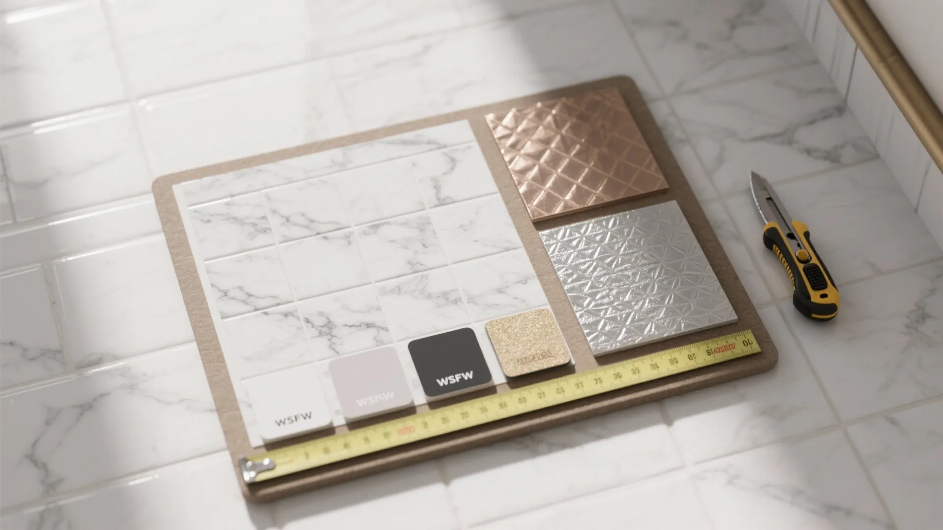 Peel and stick tile samples on a board with a measuring tape and utility knife