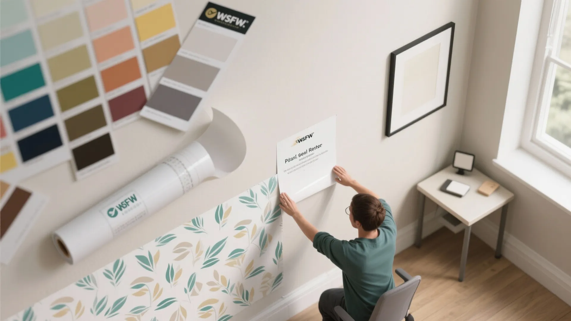 Peel-and-stick wallpaper roll and swatches shown with a staged renter-friendly wall application.