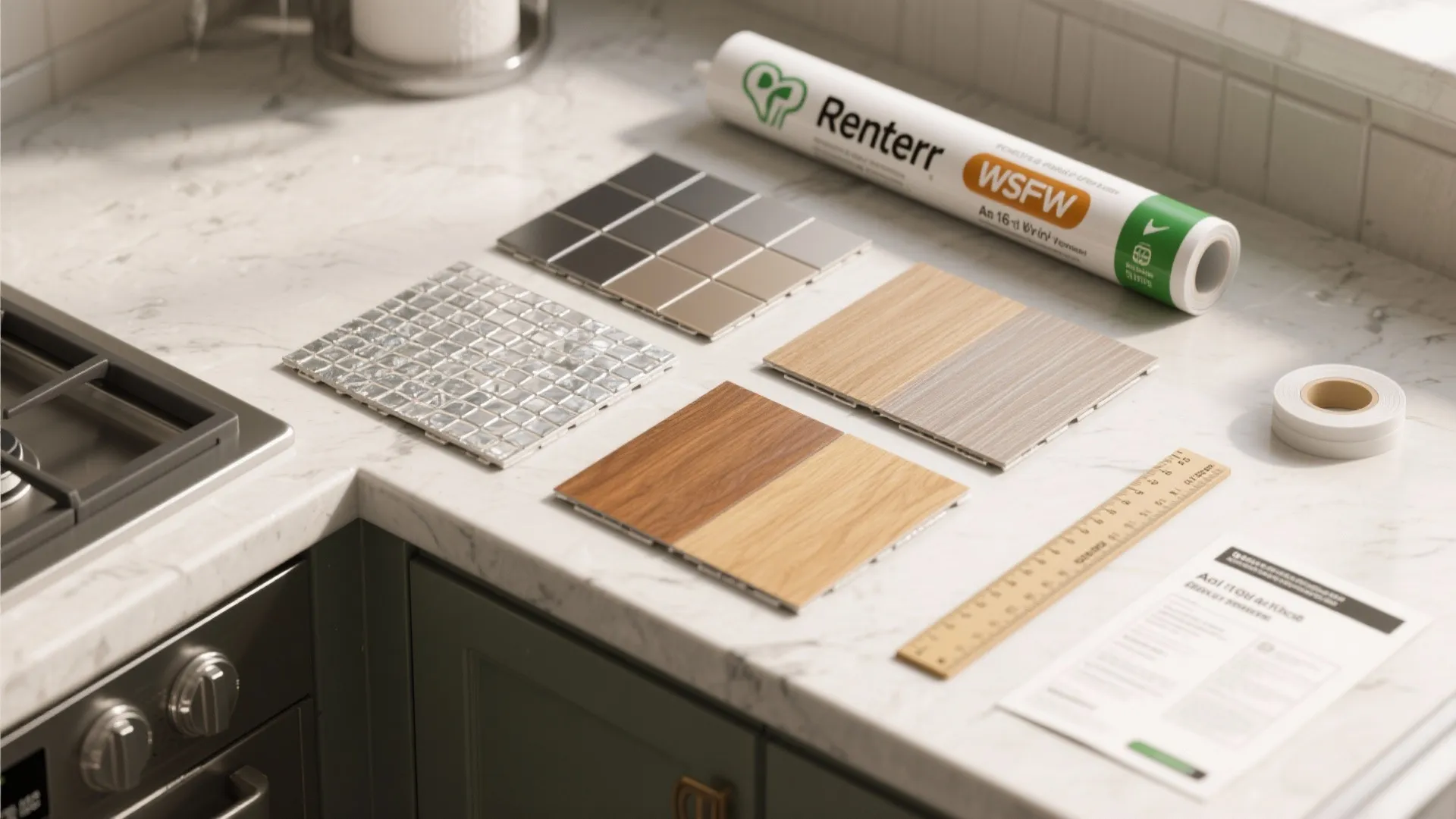 Kitchen counter displaying wall tile samples and wood floor pieces with ruler for home renovation