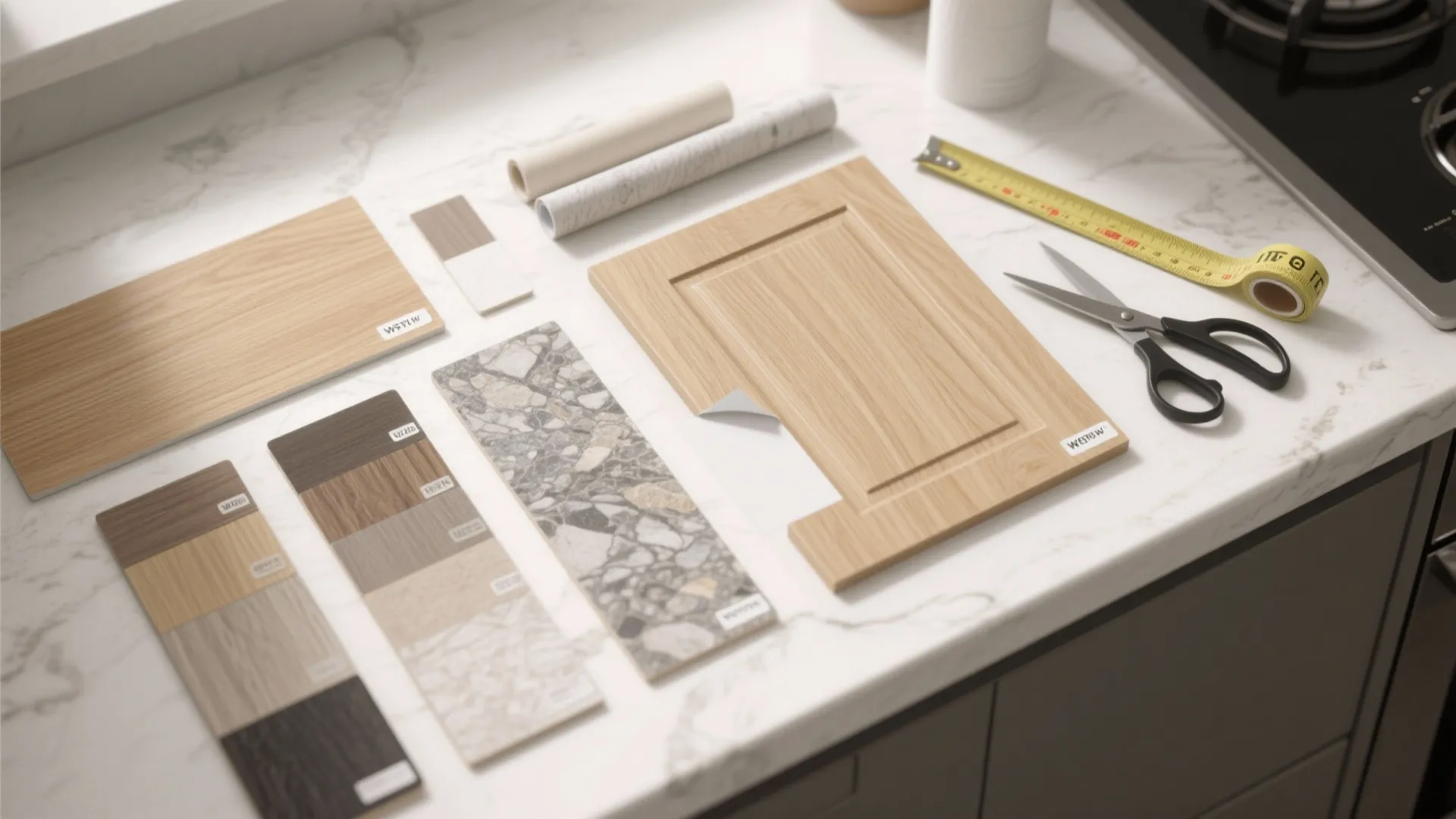 Wood and stone material samples lying on marble countertop with measuring tape scissors and paper rolls