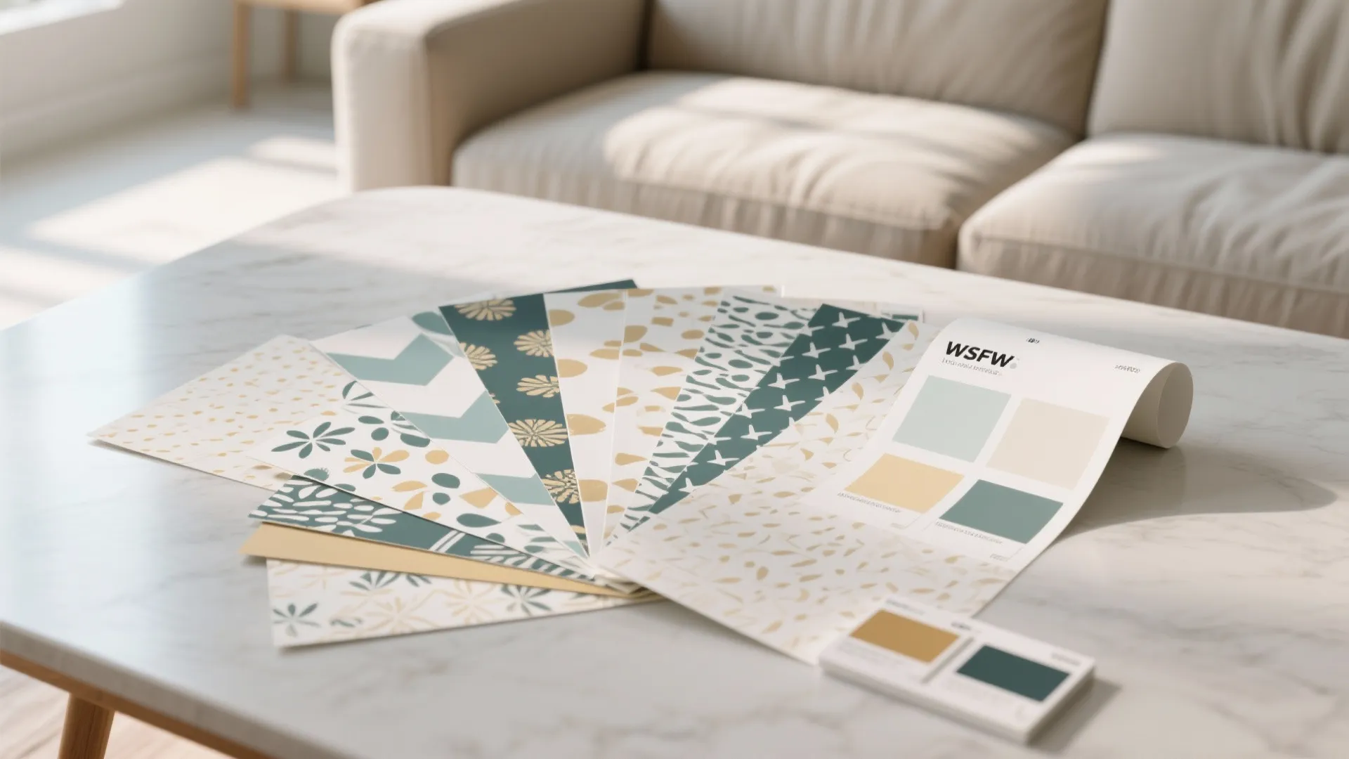 Flatlay of peel-and-stick wallpaper samples and an application swatch behind a sofa mockup.