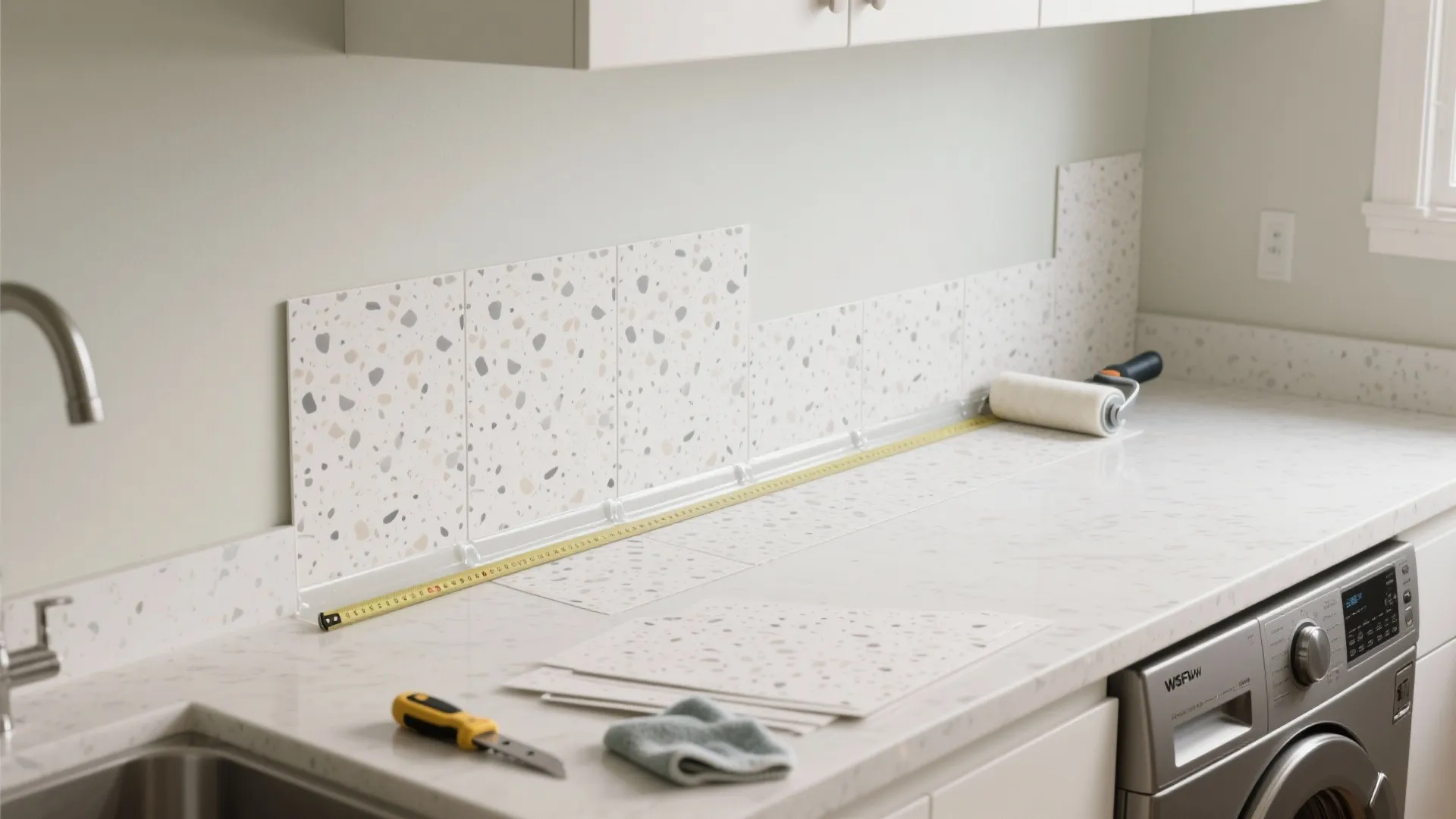 Applying patterned wall stickers in kitchen with measuring tape utility knife and white paint roller