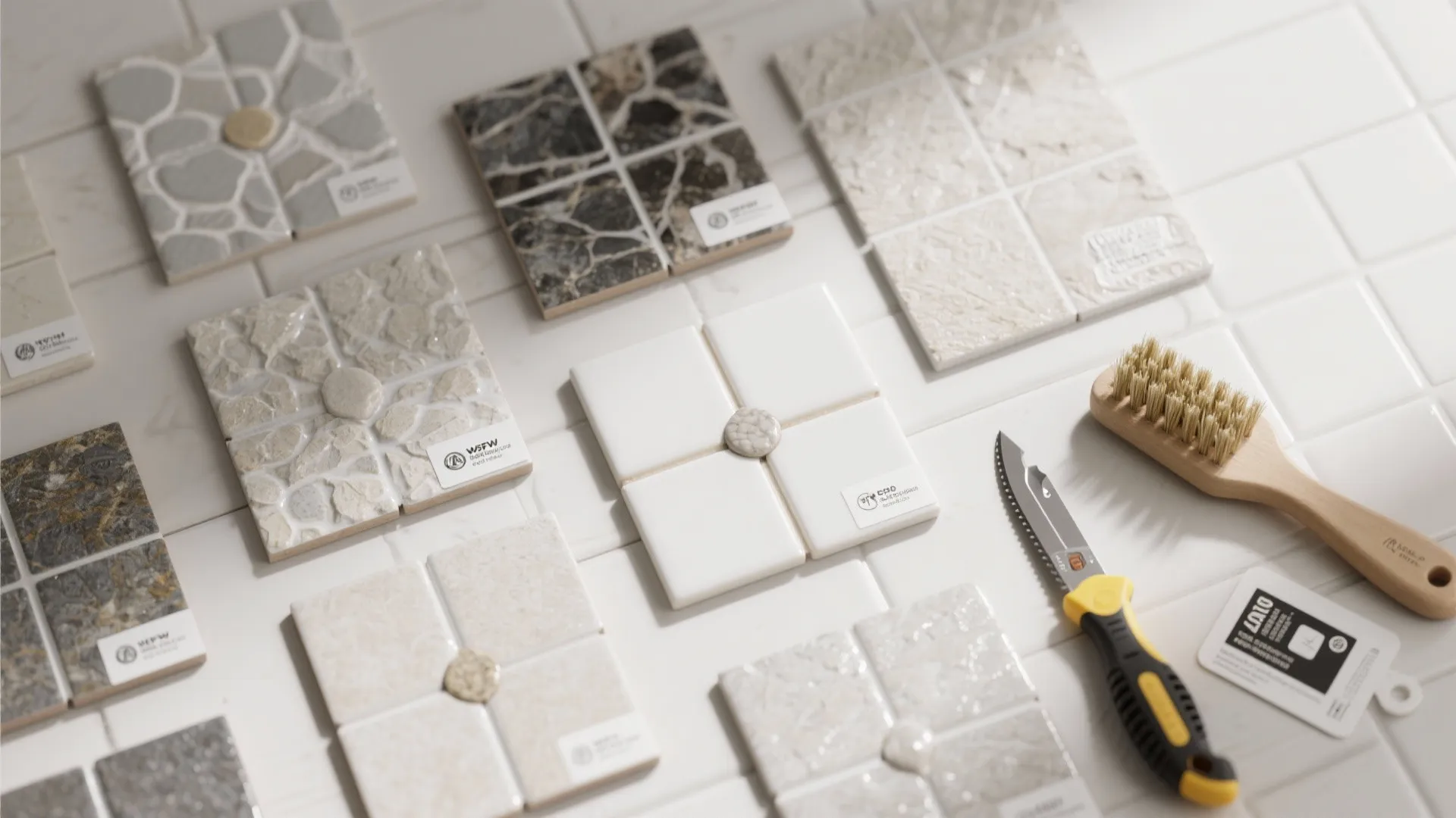 [
  {
    "url": "https://coohom-biz-sg-s3.coohom.com/ins/static/article/peel-stick-tile-1759470848352558400.jpg",
    "alt": "Various tile samples with different patterns placed on white floor with knife and wooden brush"
  }
]