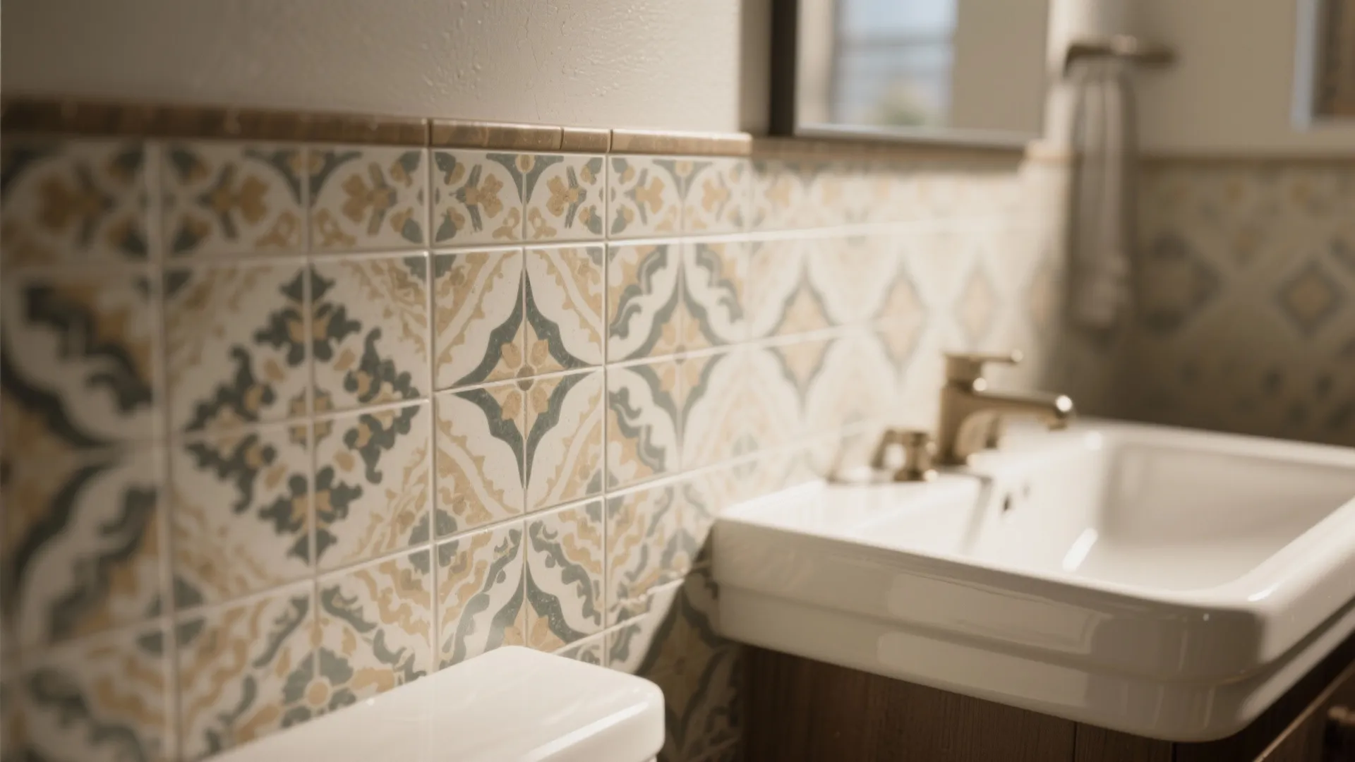 Modern bathroom sink area with decorative pattern wall tiles in neutral beige and blue colors