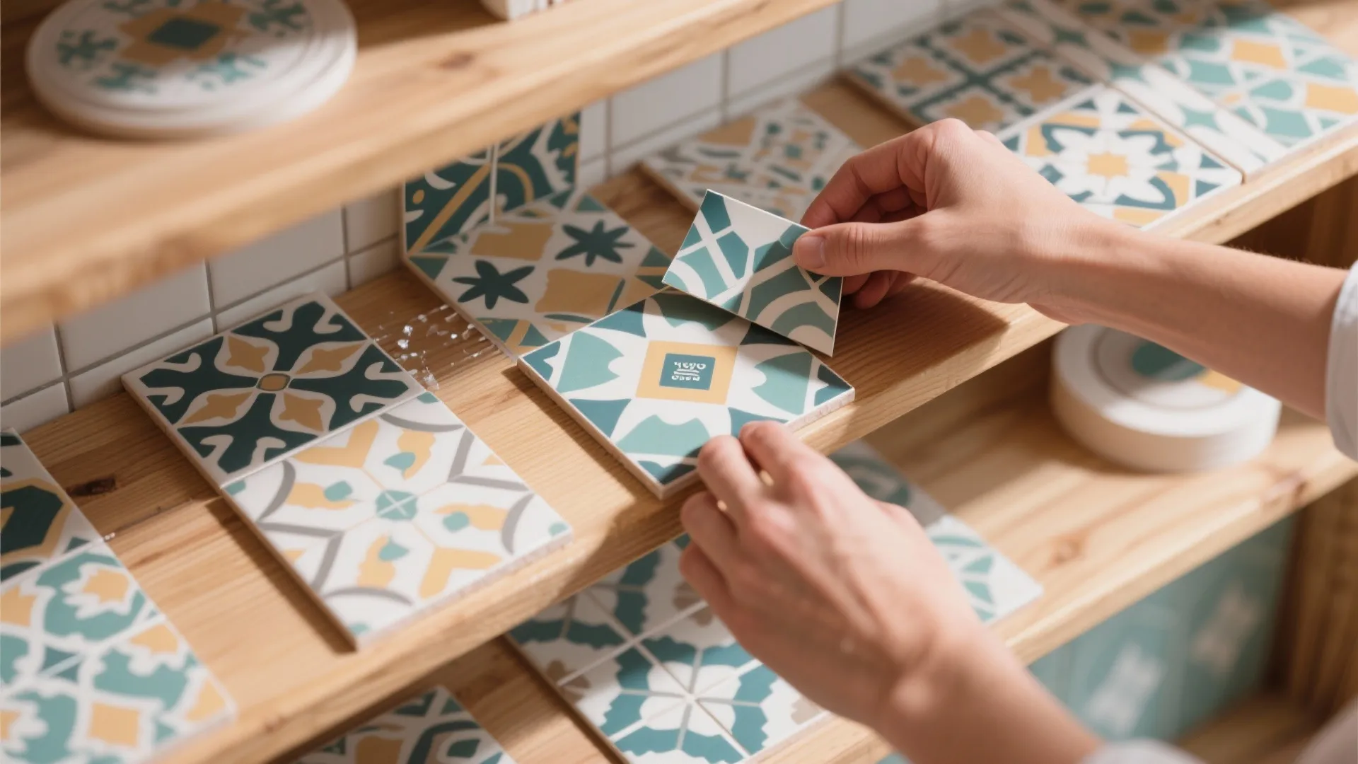 Hands placing colorful patterned peel and stick tiles onto a wooden shelf for home decoration