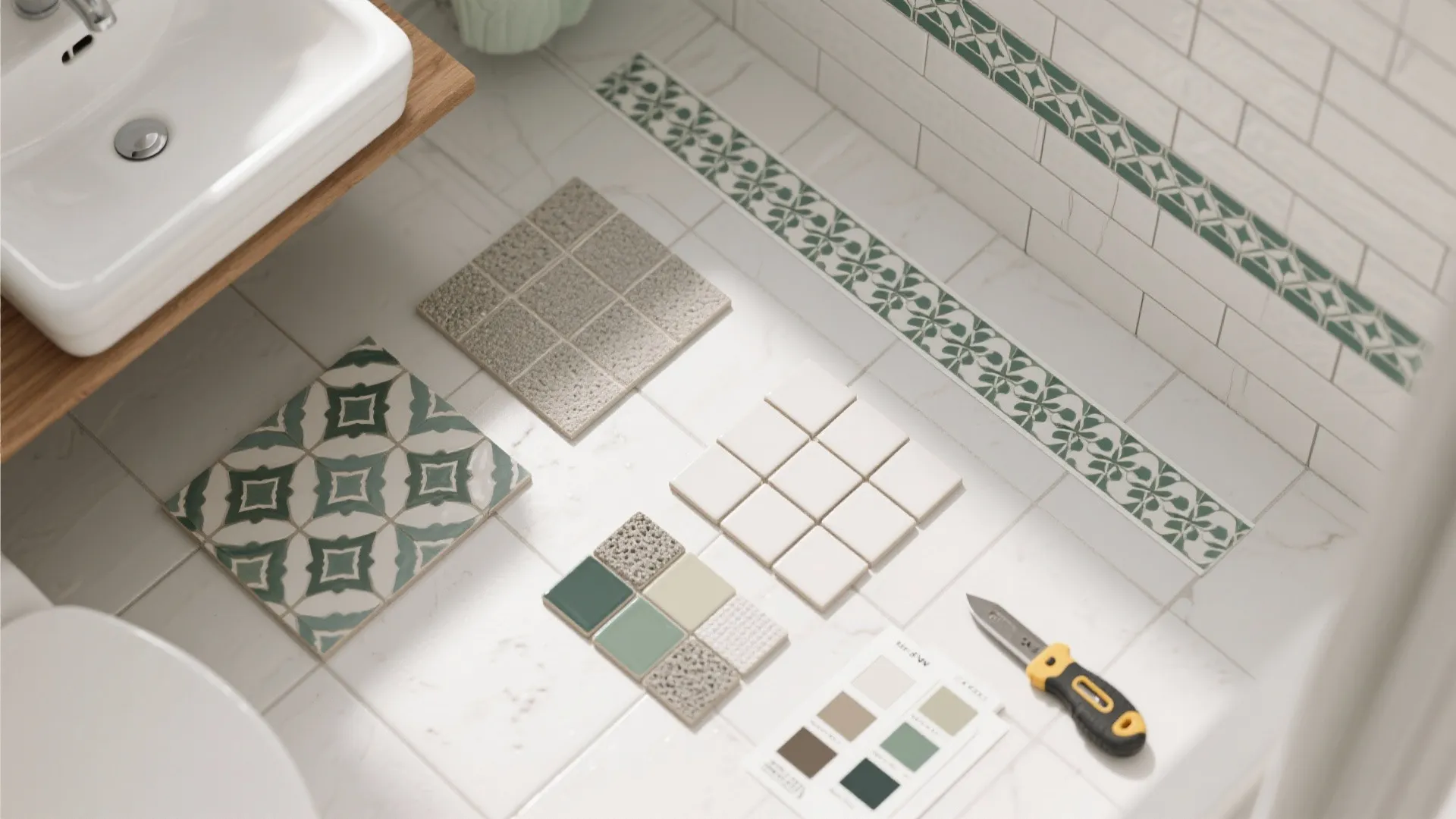 Collection of bathroom wall tiles and color samples on floor with a small utility knife