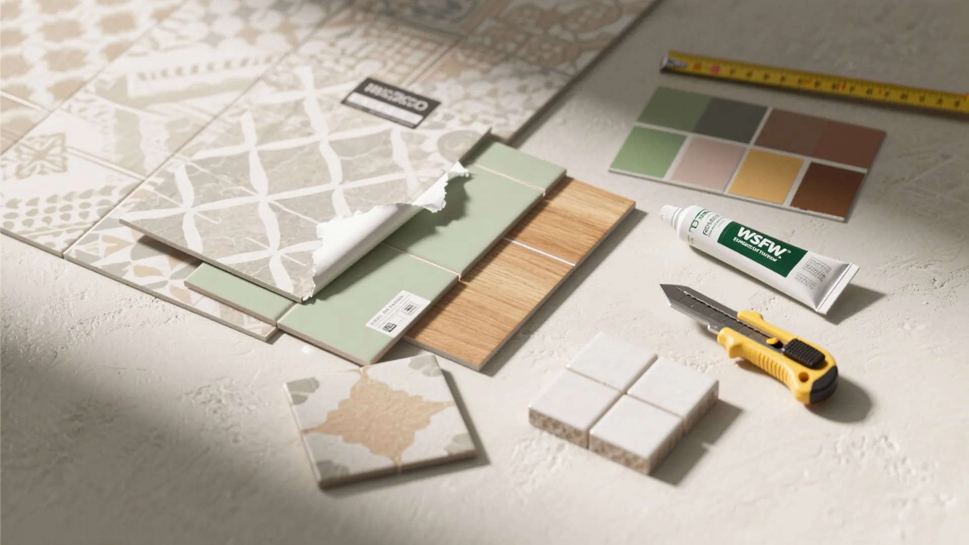 Assorted peel and stick wall tiles with glue utility knife and tape measure on white surface