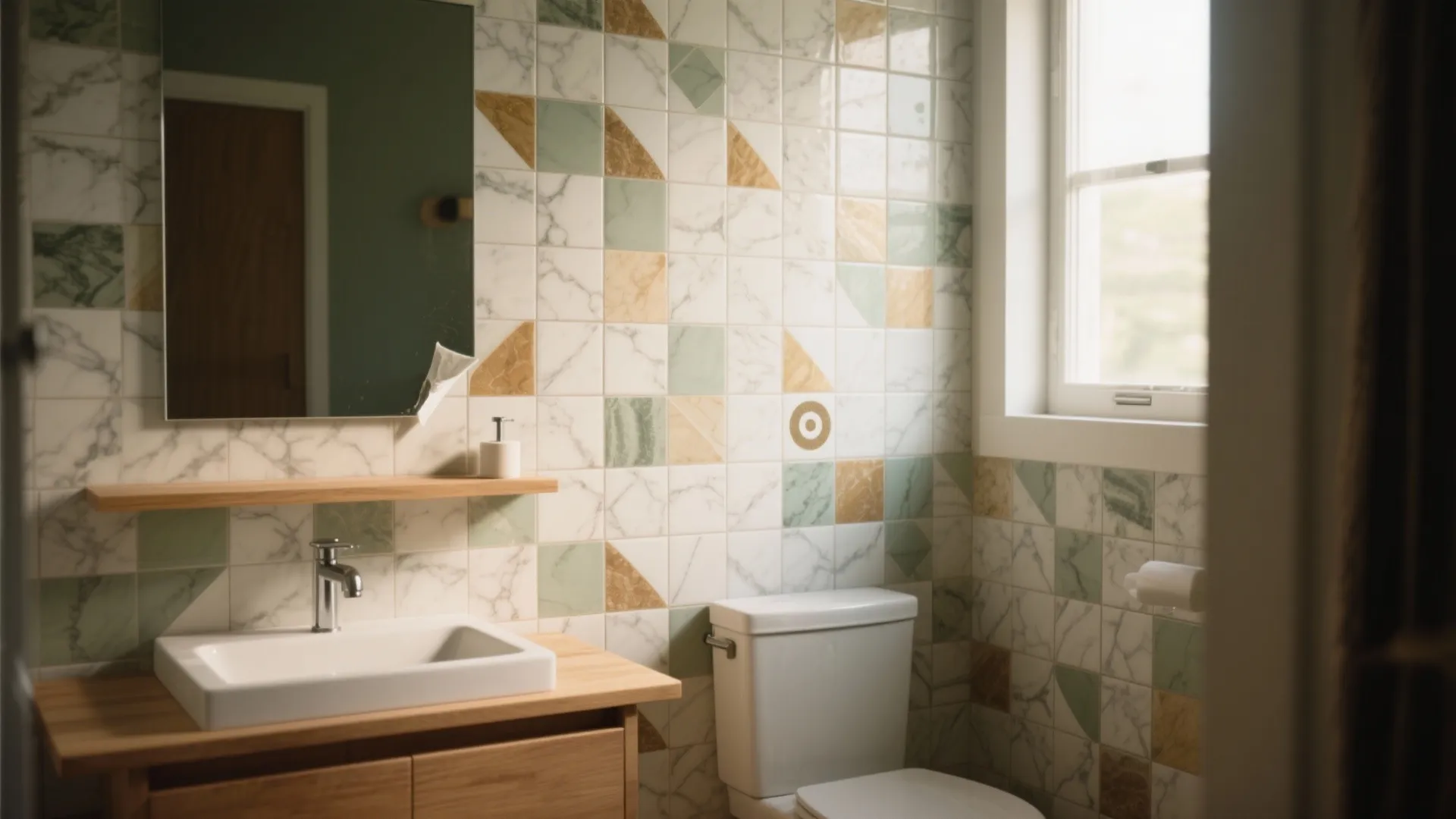 Bath accent wall with playful peel-and-stick geometric tiles, showing a slightly lifted corner and warm wood shelf.