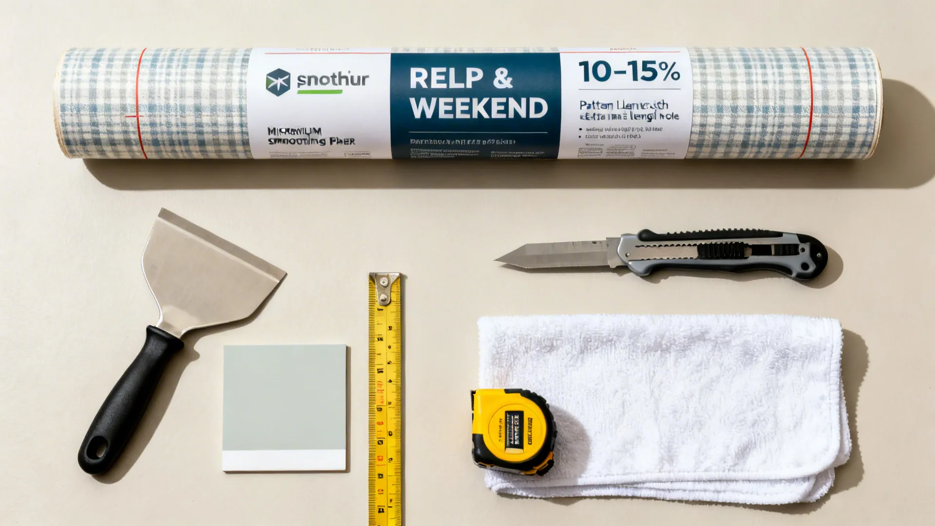 Peel and stick wallpaper roll with installation tools including a scraper knife and measuring tape