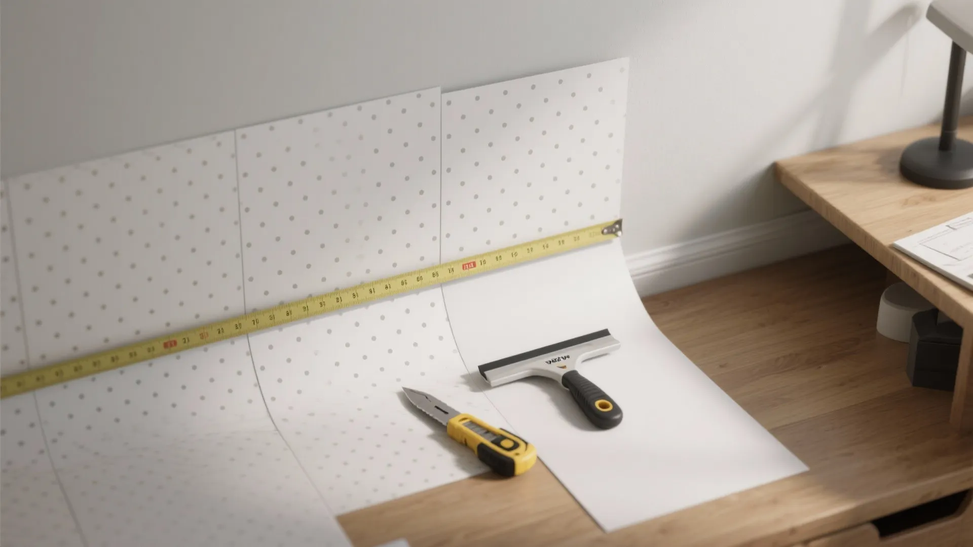 Top-down workspace with peel-and-stick micro-dot wallpaper, tools, and precise layout for easy installation.