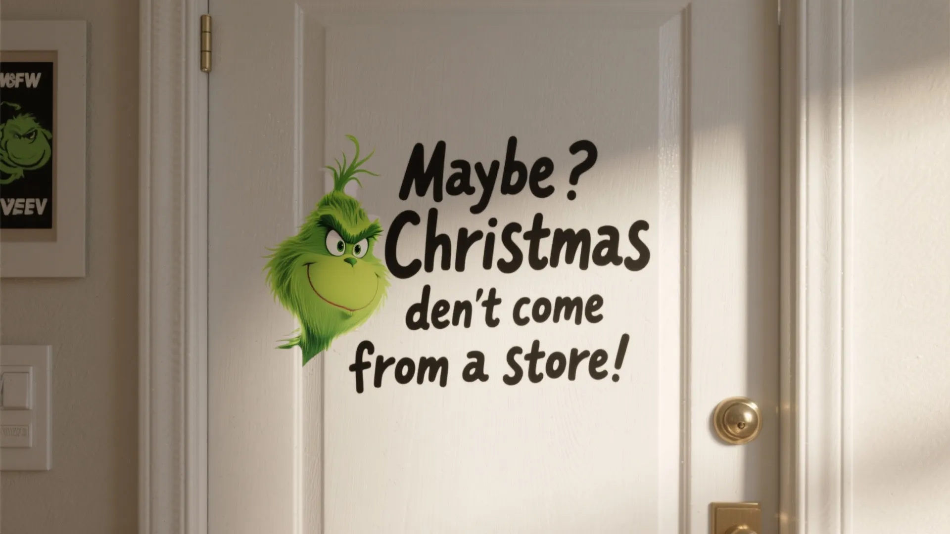 White interior door with a green character head sticker and black text saying a quote