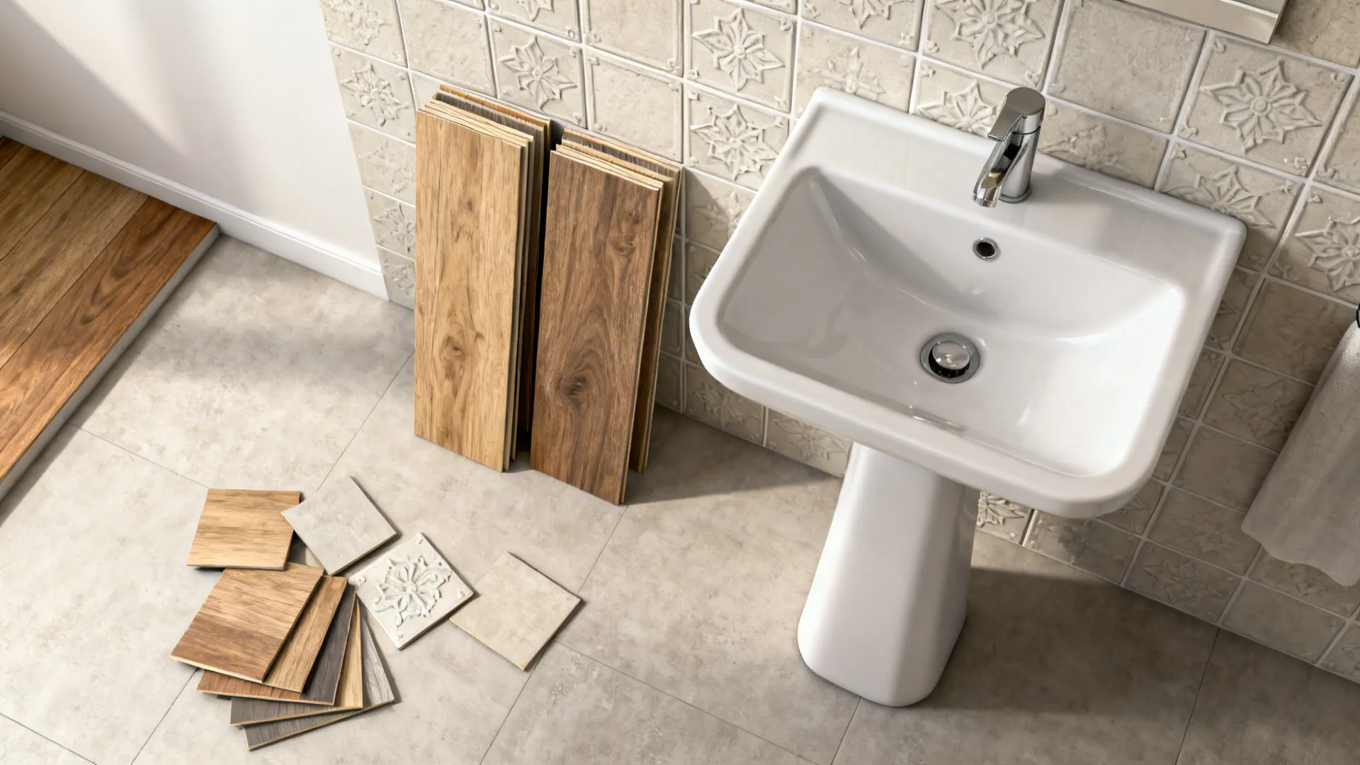 Flatlay of patterned peel-and-stick tiles and luxury vinyl plank samples for budget bathroom updates.
