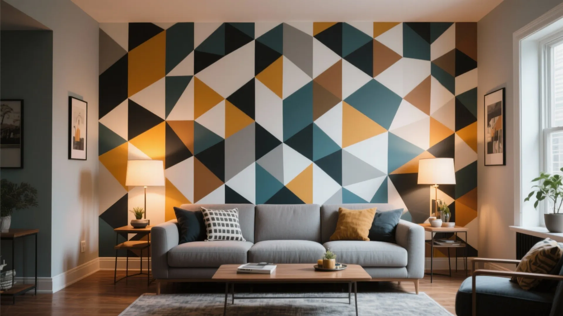 Living room with bold geometric peel-and-stick wallpaper accent wall