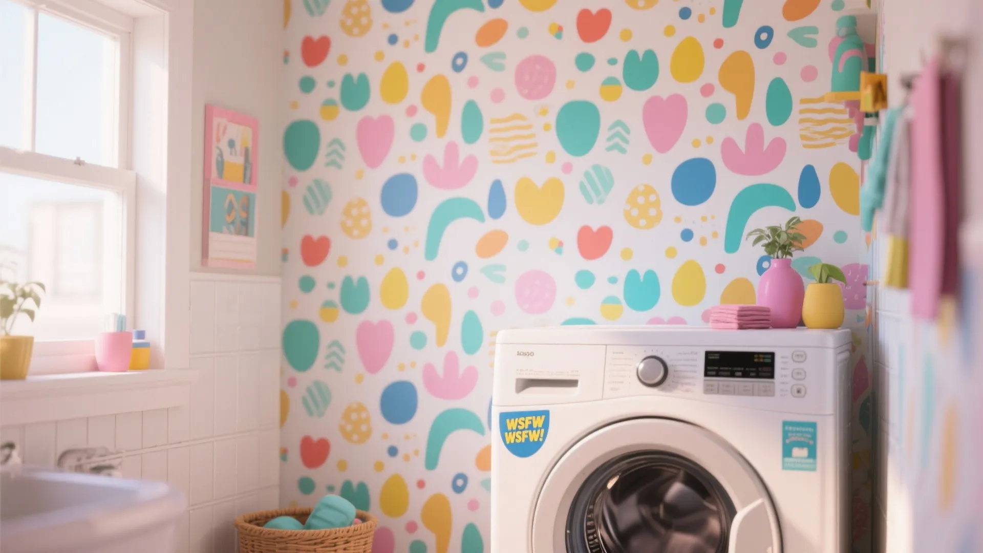 Laundry room decorated with playful peel-and-stick wallpaper