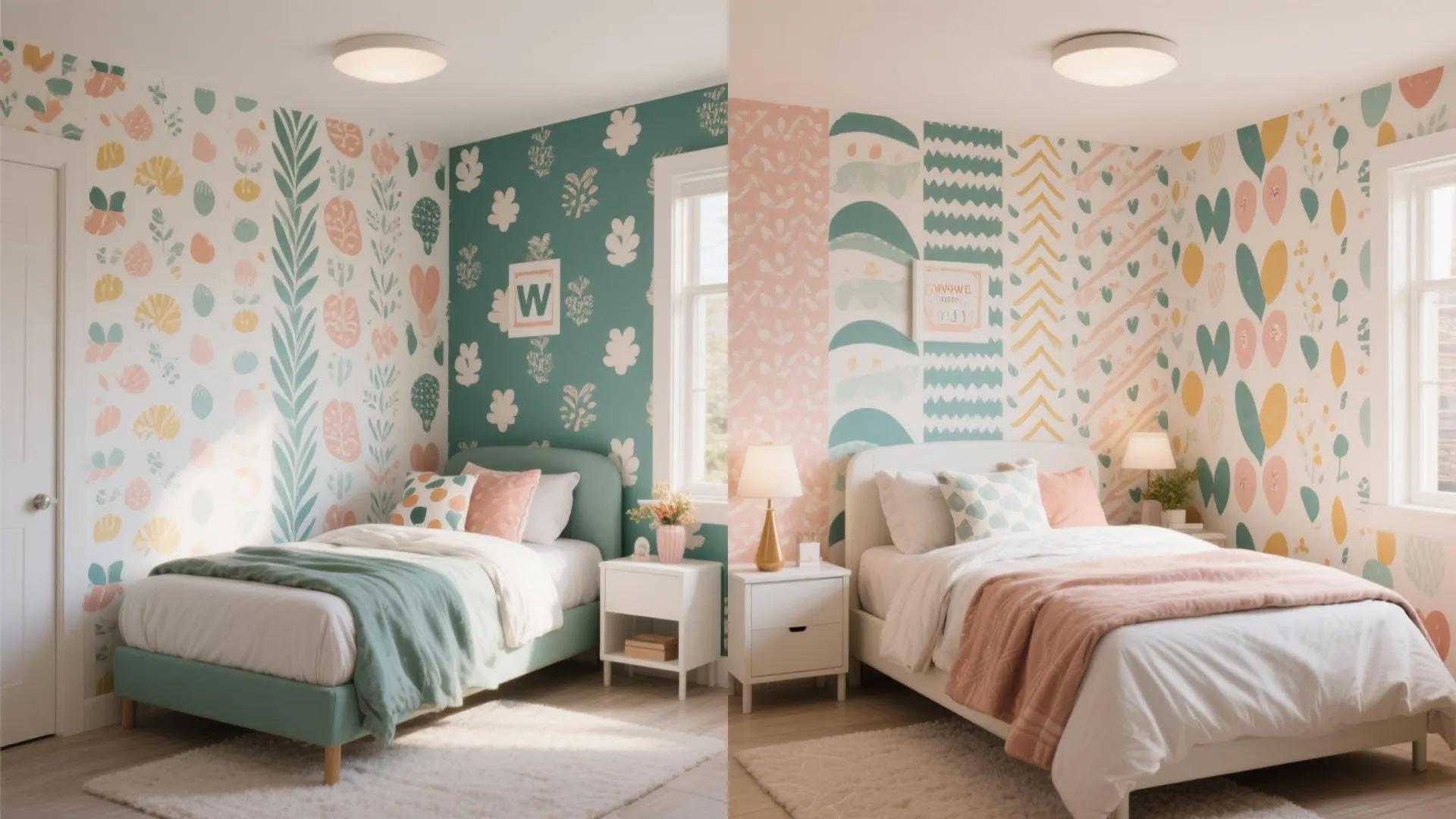 Small bedroom before and after peel-and-stick wallpaper style change