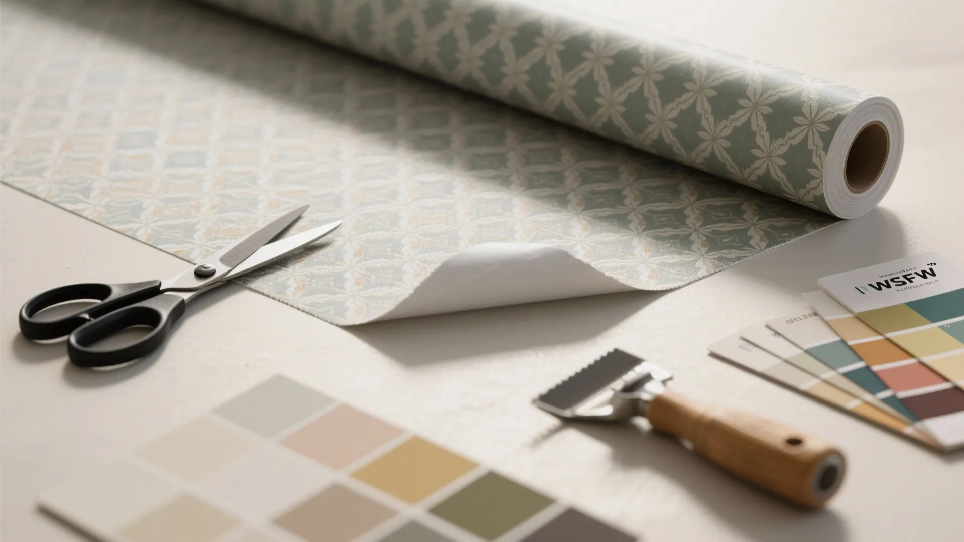 Patterned wallpaper roll with scissors and color cards on white table for home wall decoration project
