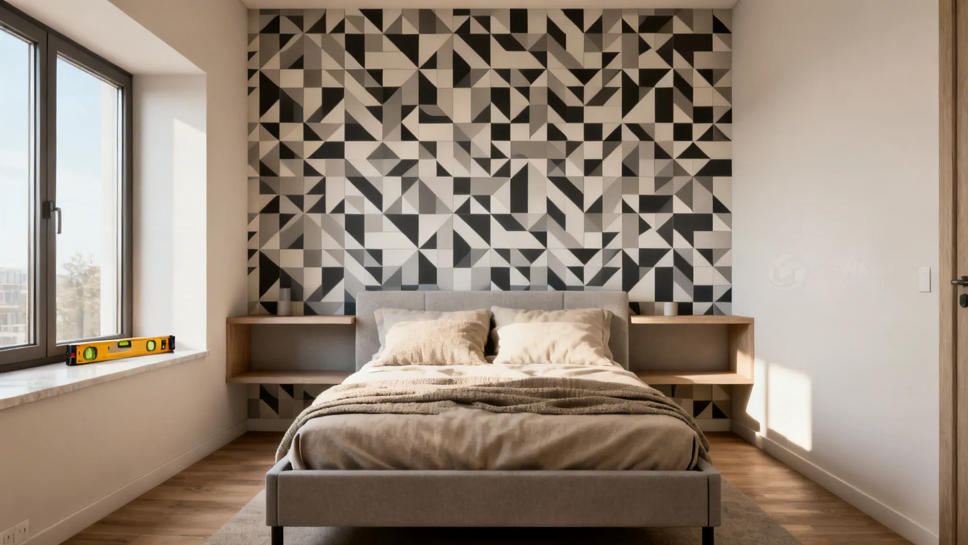 Small bedroom with geometric peel-and-stick wallpaper behind a low bed frame and neutral textiles.