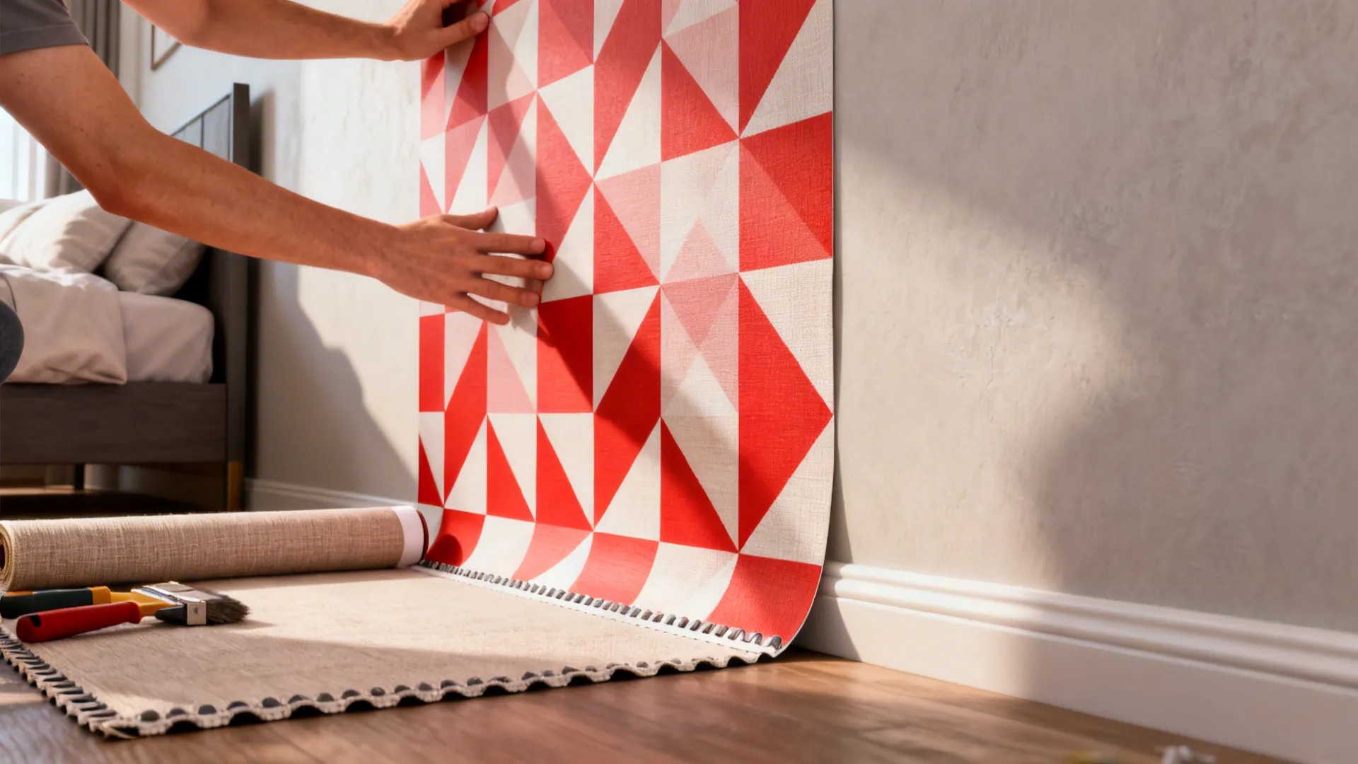 Person applying red and white geometric pattern wallpaper to a bedroom wall using hand tools