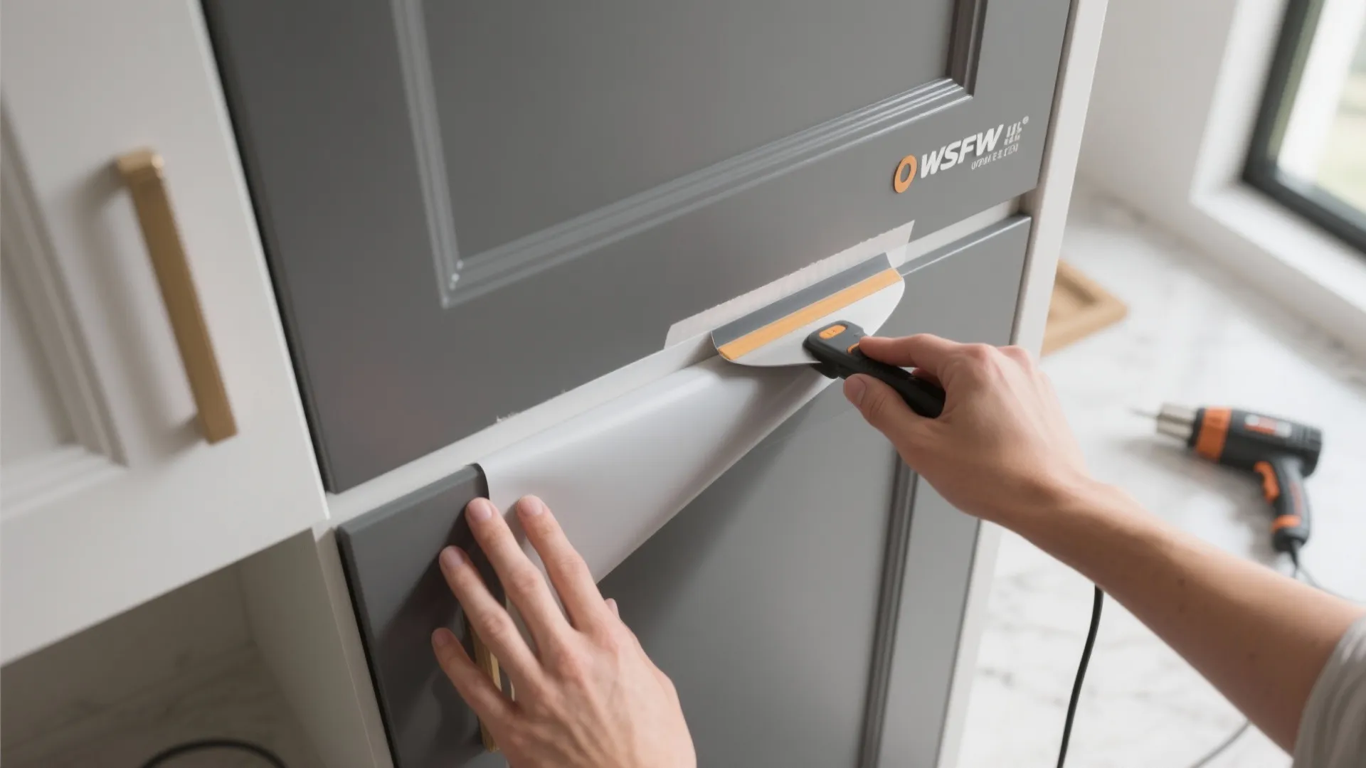 Applying grey sticky film to kitchen cabinet door using a plastic tool for smooth finish