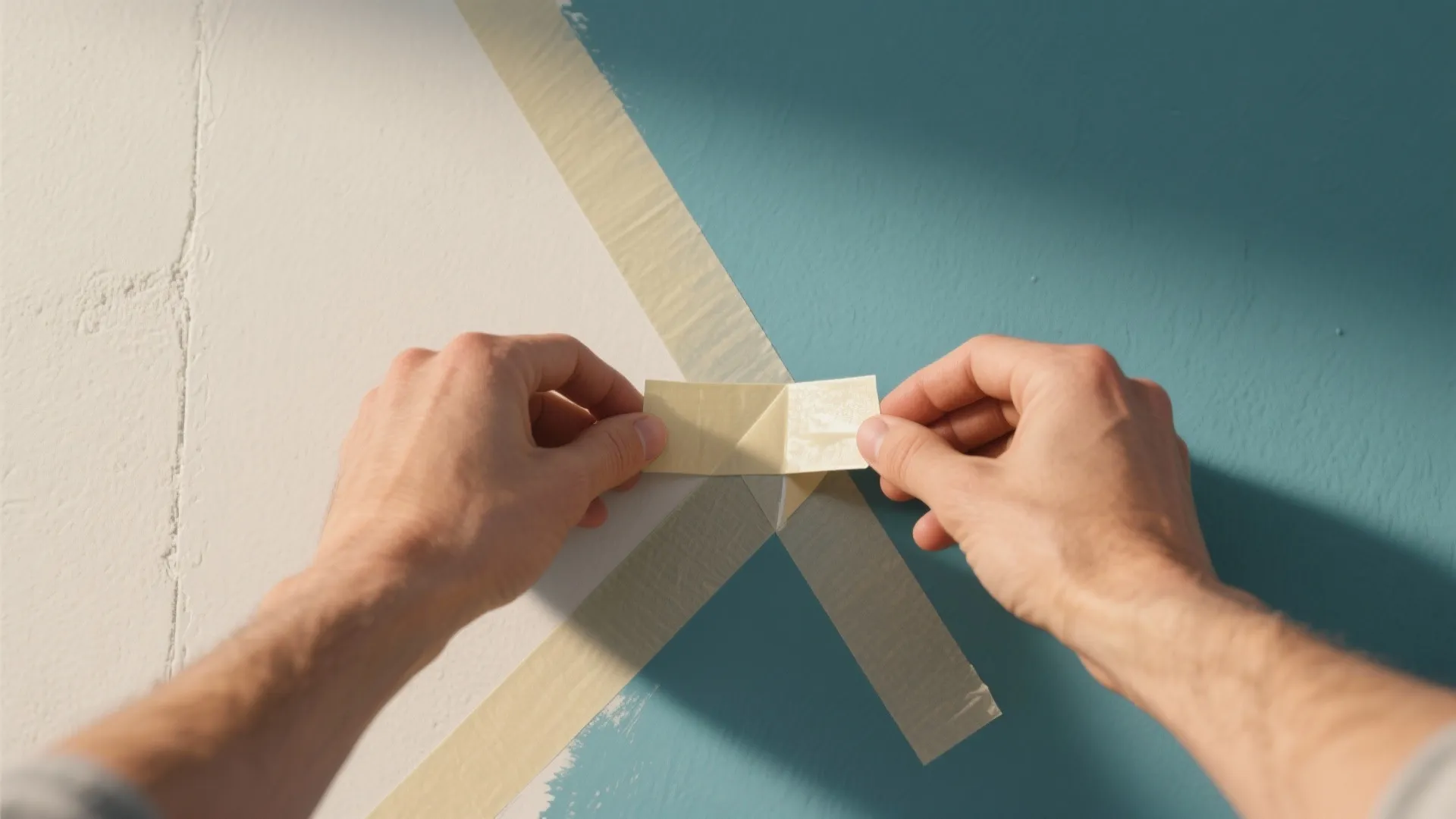 Close up of hands carefully peeling masking tape from a white and blue painted wall