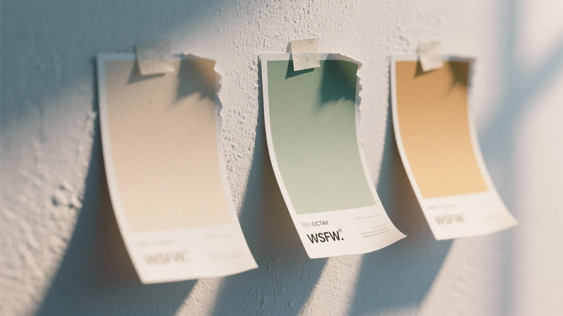 Three different colored paint sample papers taped to a white wall with natural light shadows