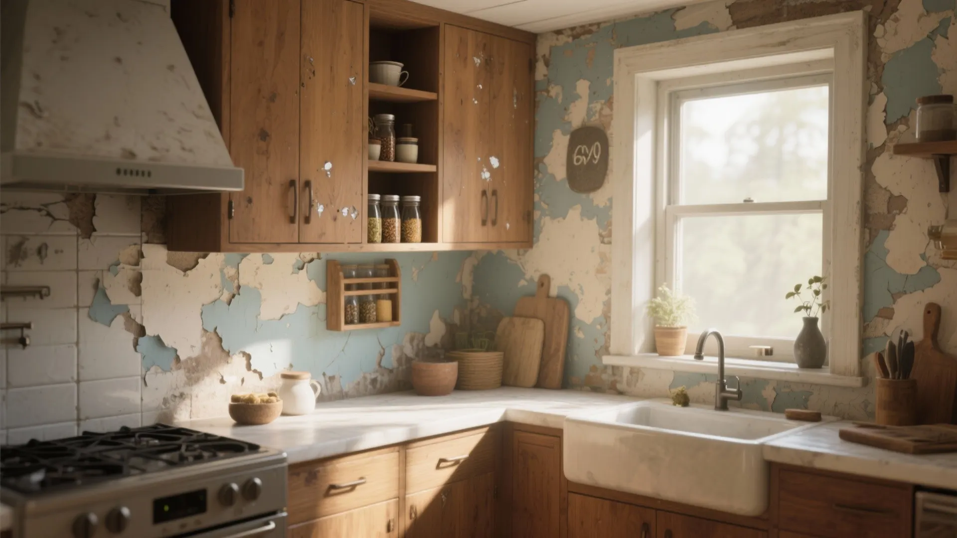 Old rustic kitchen with peeling blue paint, wooden cabinets, large white sink, and sunny window