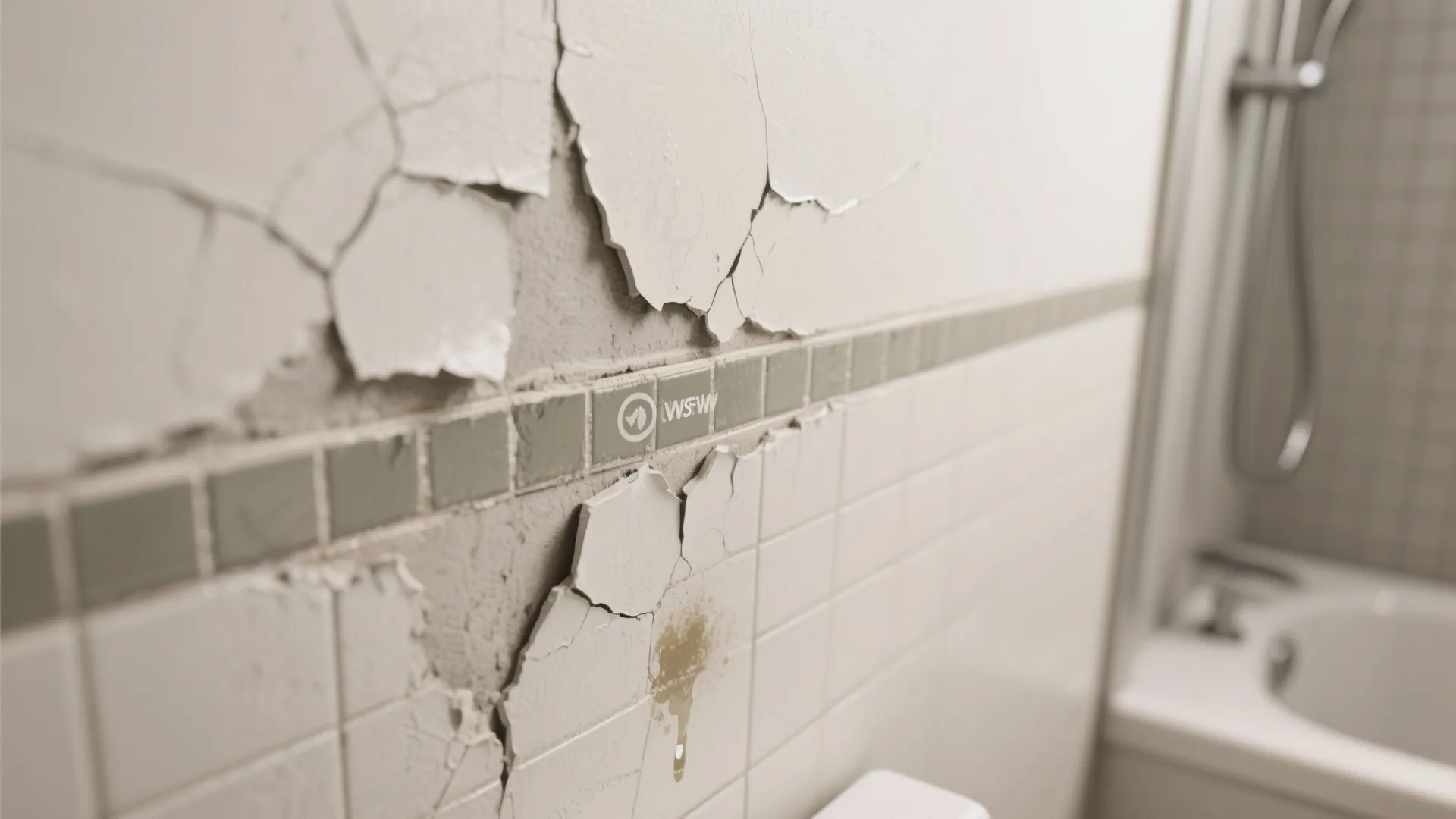 Close up of peeling white wall paint and cracked bathroom tiles with a blurry bathtub