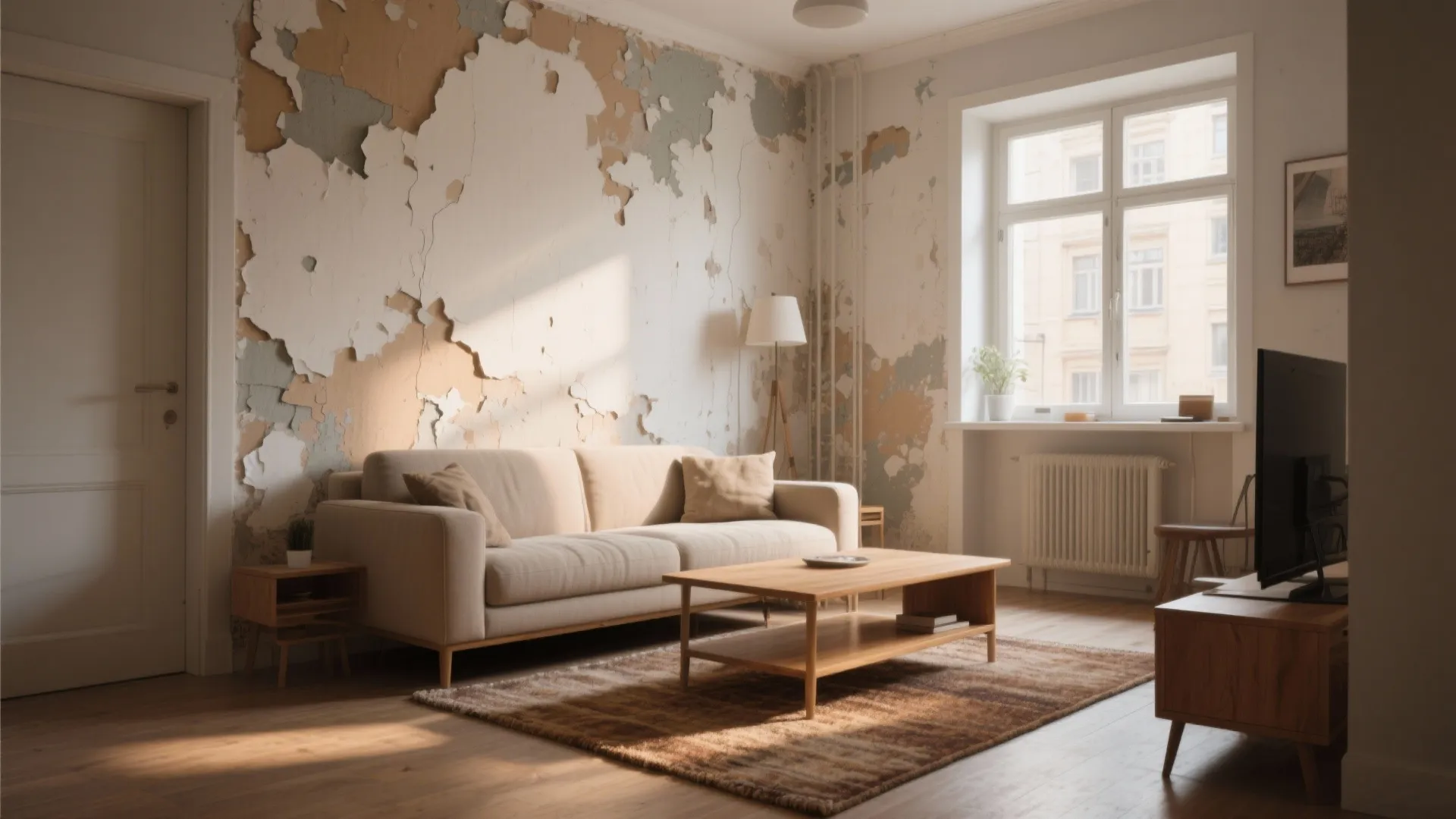 Living room with cream sofa wood coffee table and wall showing large areas of peeling paint