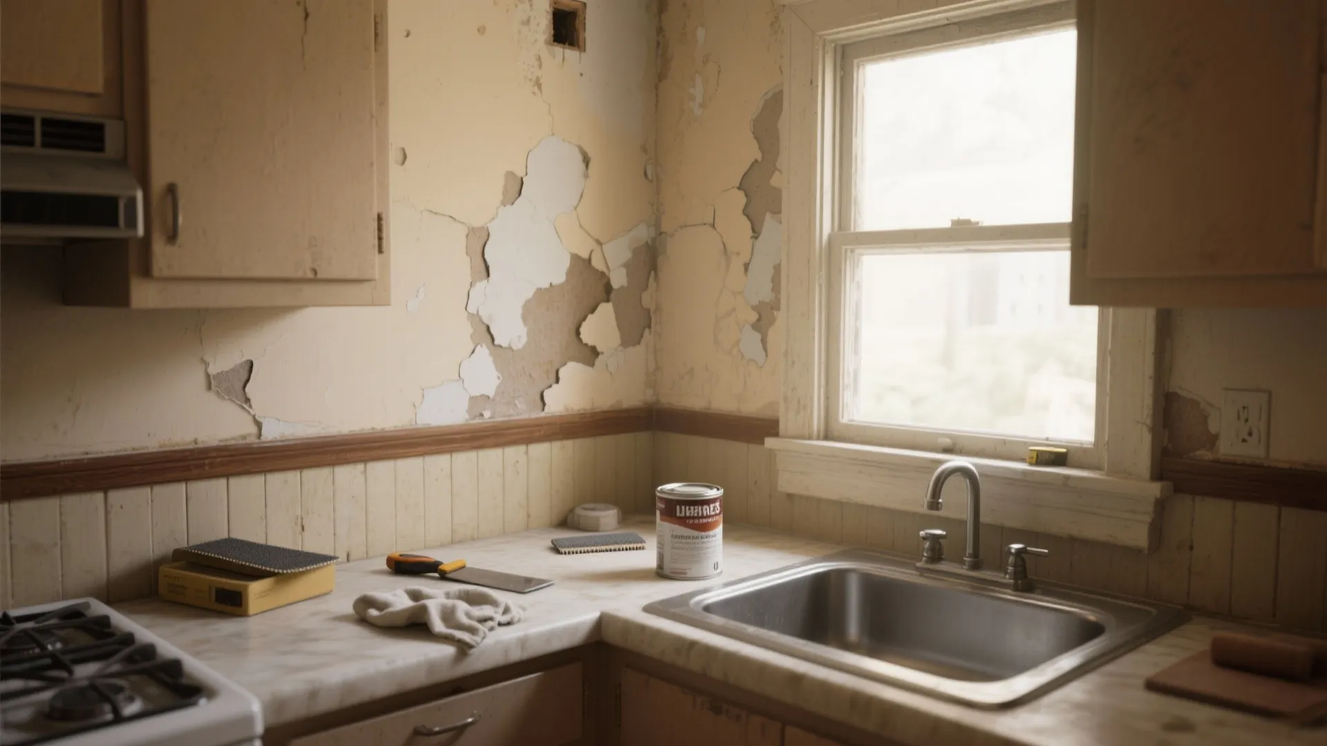 Old kitchen with peeling wall paint near window showing a sink and various repair tools