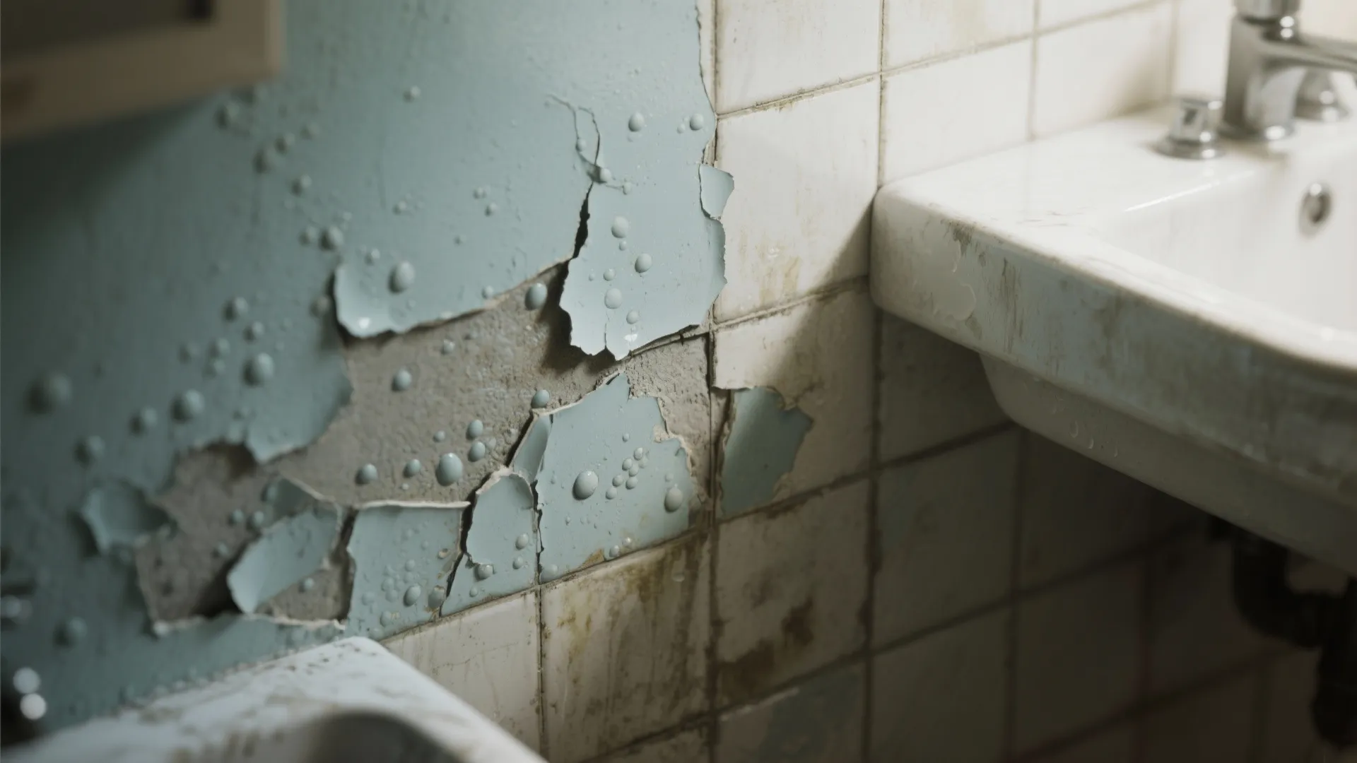 Close up of blue peeling paint and water bubbles on a tiled bathroom wall near sink
