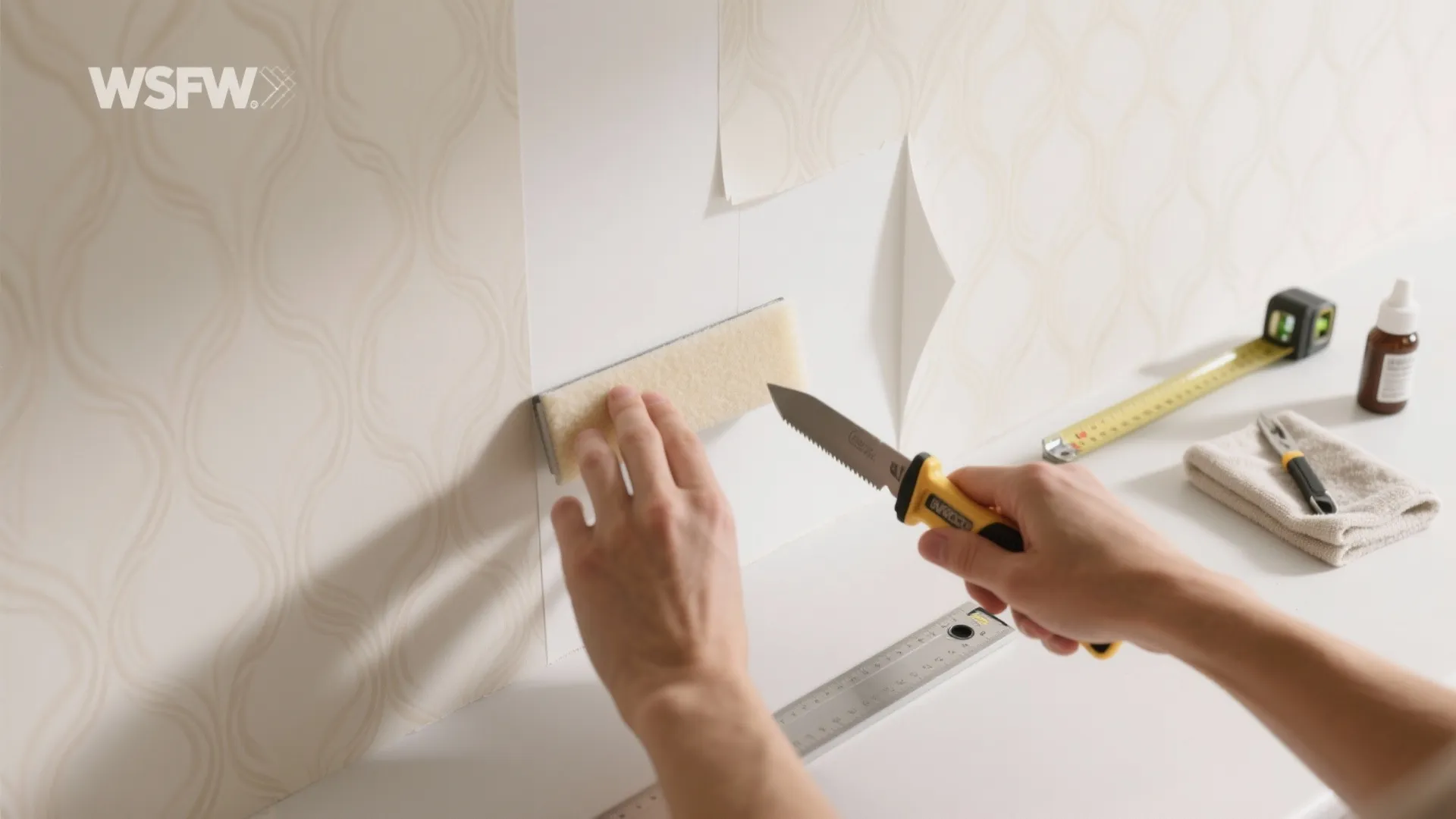 Hands using utility knife and brush tool to install patterned wallpaper on a white wall