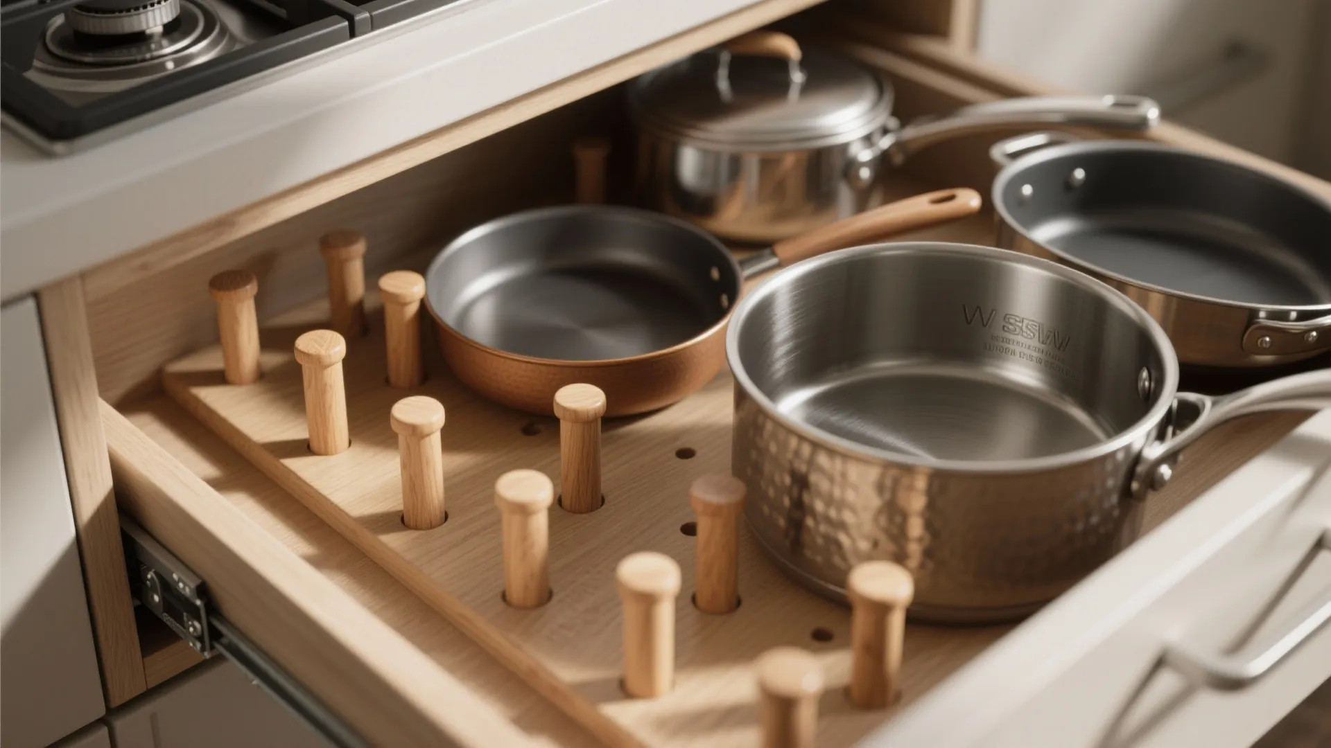 Deep drawer with peg system for pots and pans