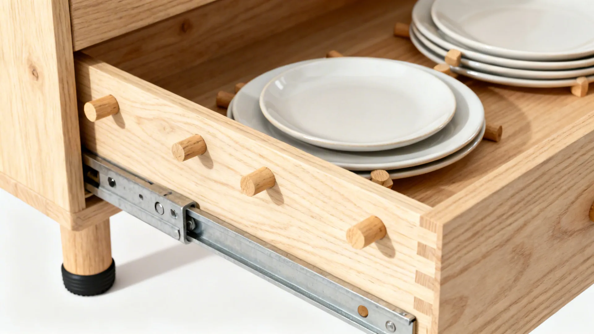 Macro of wooden peg system in a birch plywood drawer securing ceramic plates.